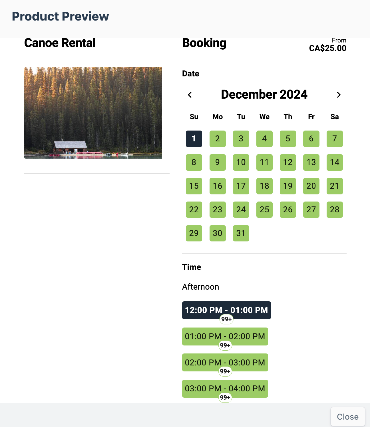 Product preview of Canoe Rental booking page in December 2024 with available afternoon timeslots displayed, including 12:00 PM to 04:00 PM.