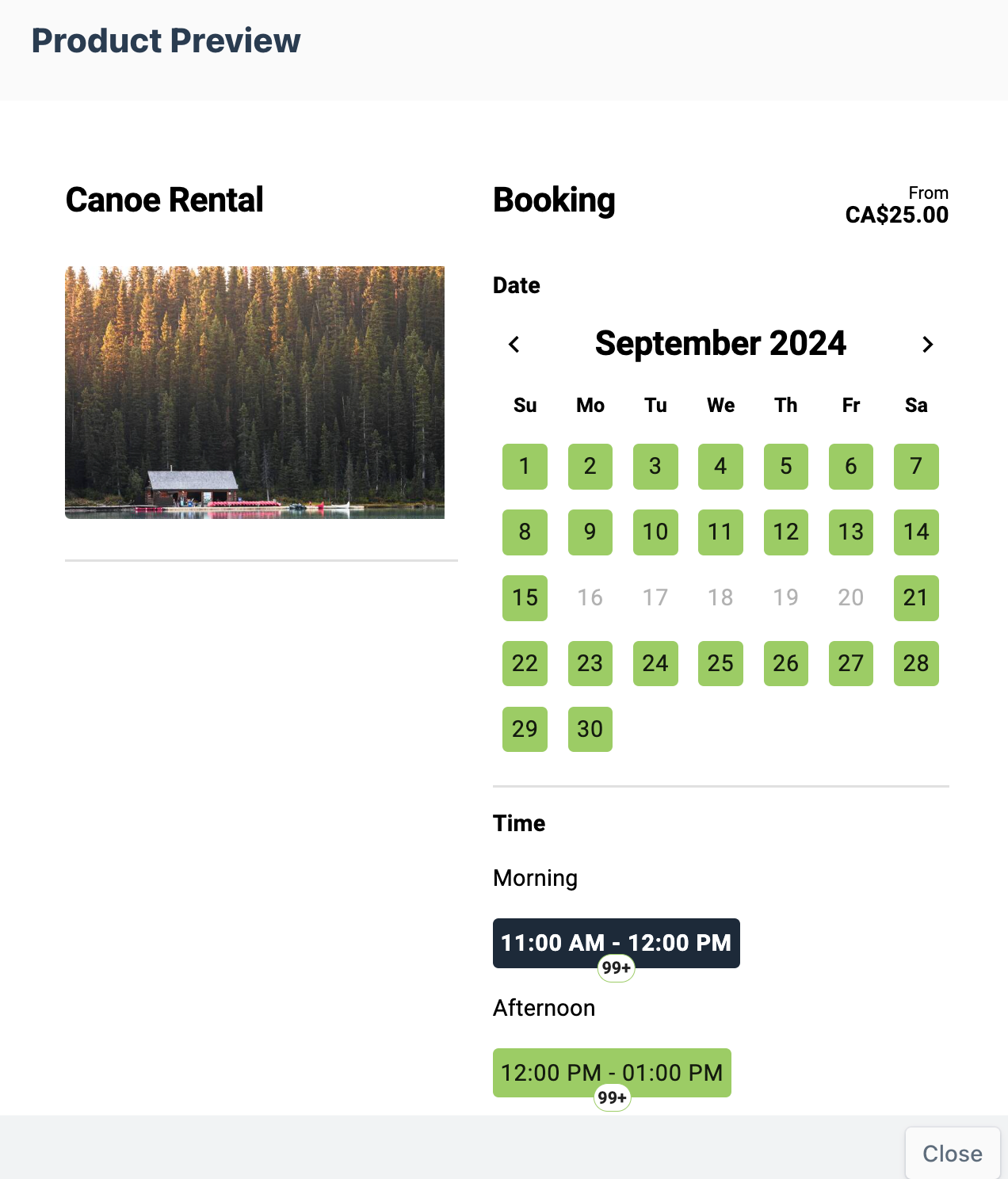 Product preview of Canoe Rental booking page in September 2024 with available morning and afternoon timeslots shown on selected dates.