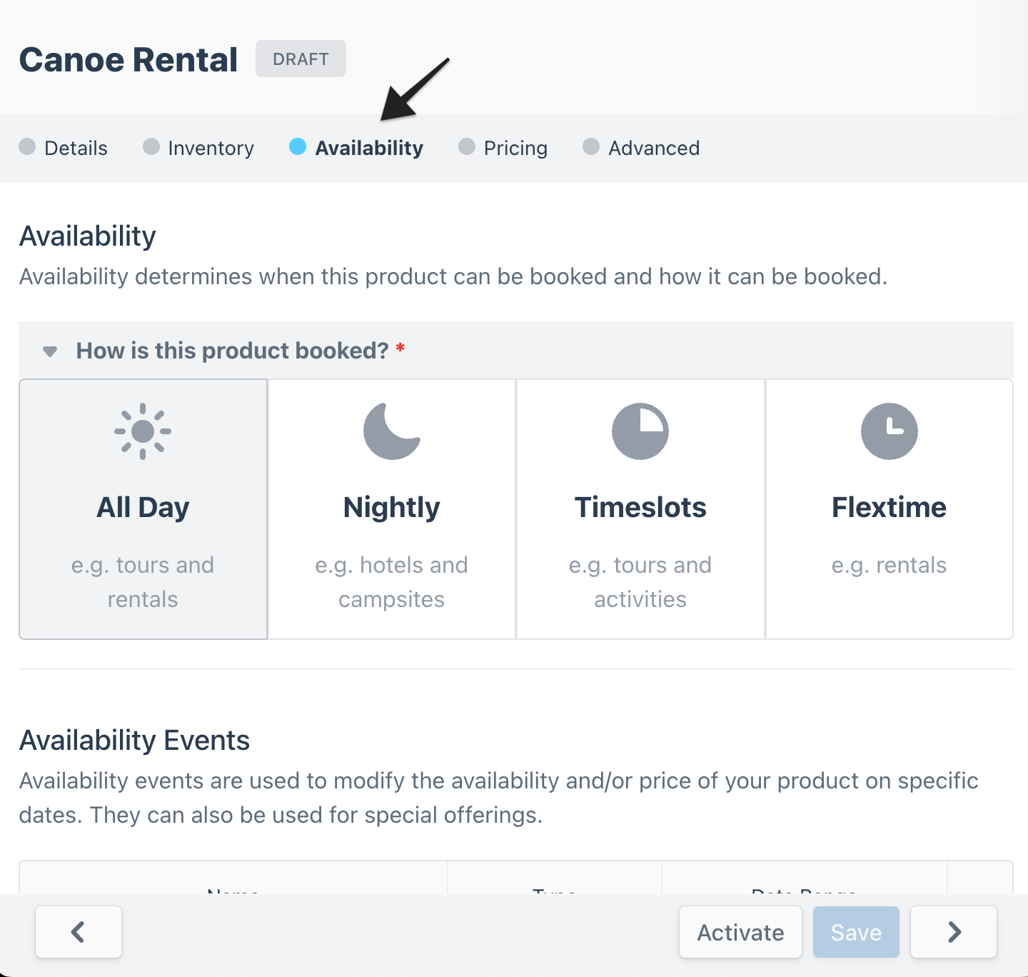Draft Canoe Rental setup showing Availability tab selected.
