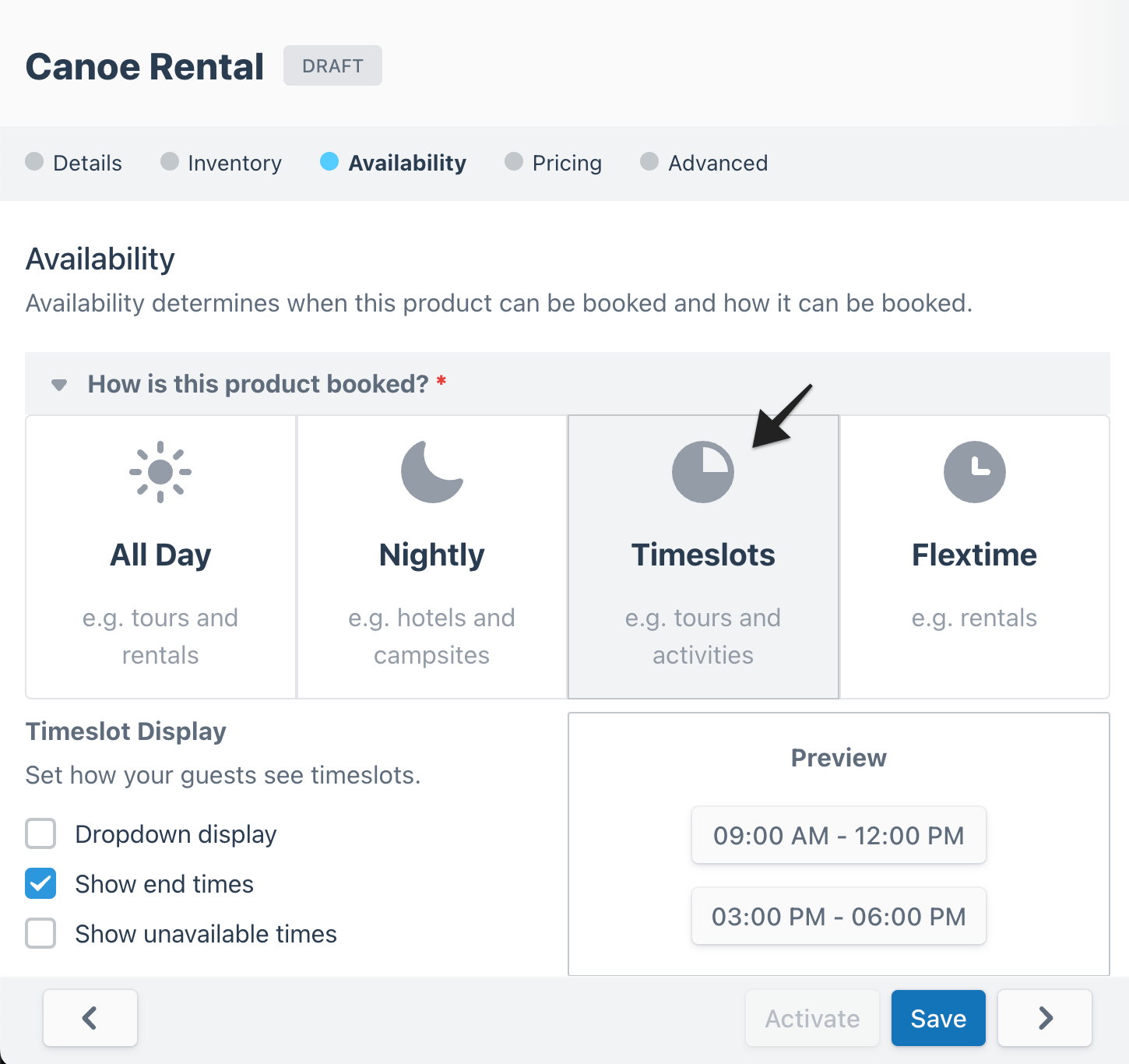 Draft Canoe Rental availability tab with Timeslots booking option selected and preview of timeslots.