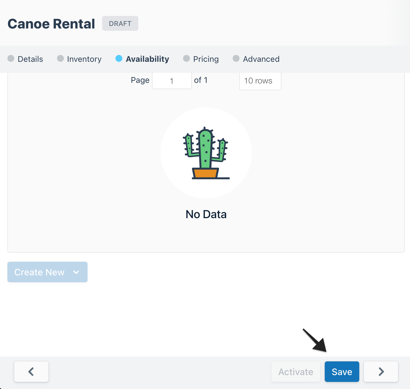 Draft Canoe Rental availability tab with no data and Save button highlighted.