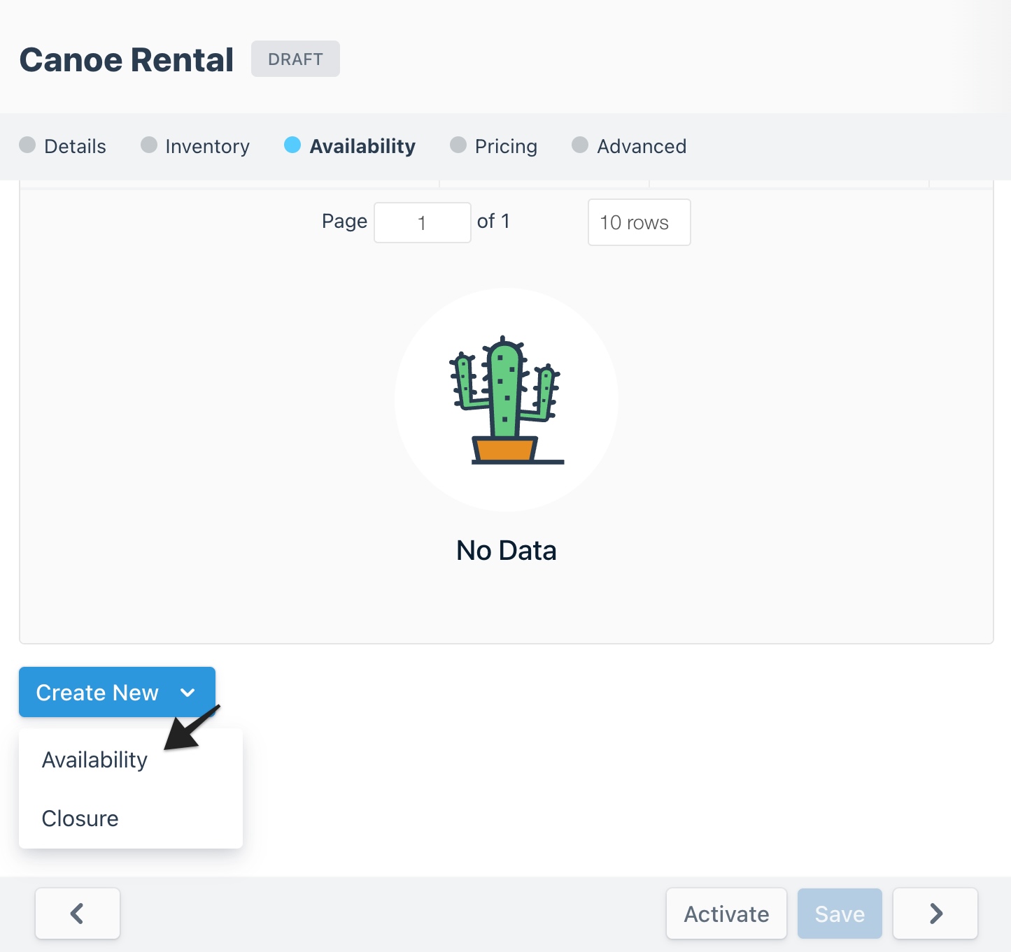 Draft Canoe Rental availability tab with no data and option to create new availability or closure.