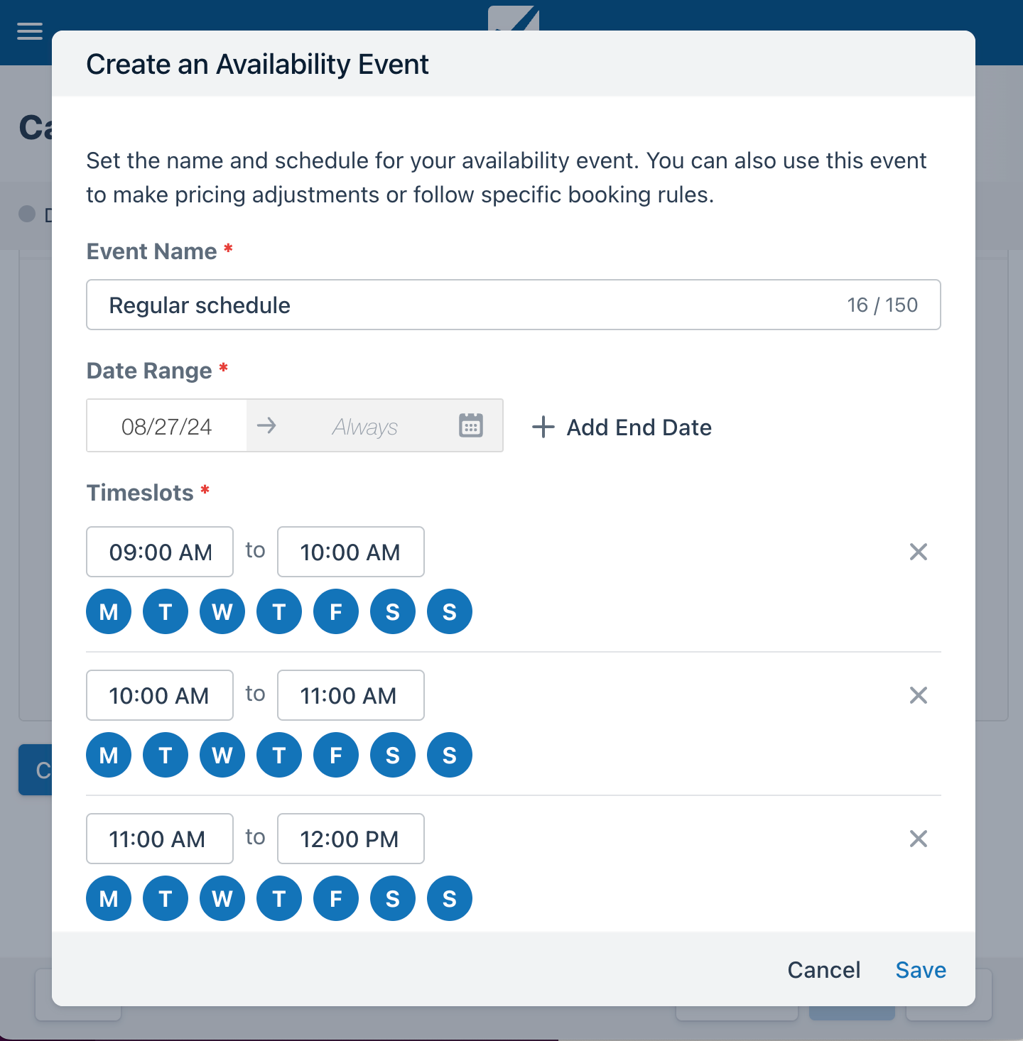 Create an Availability Event modal showing timeslots scheduled daily from 9 AM to 12 PM.