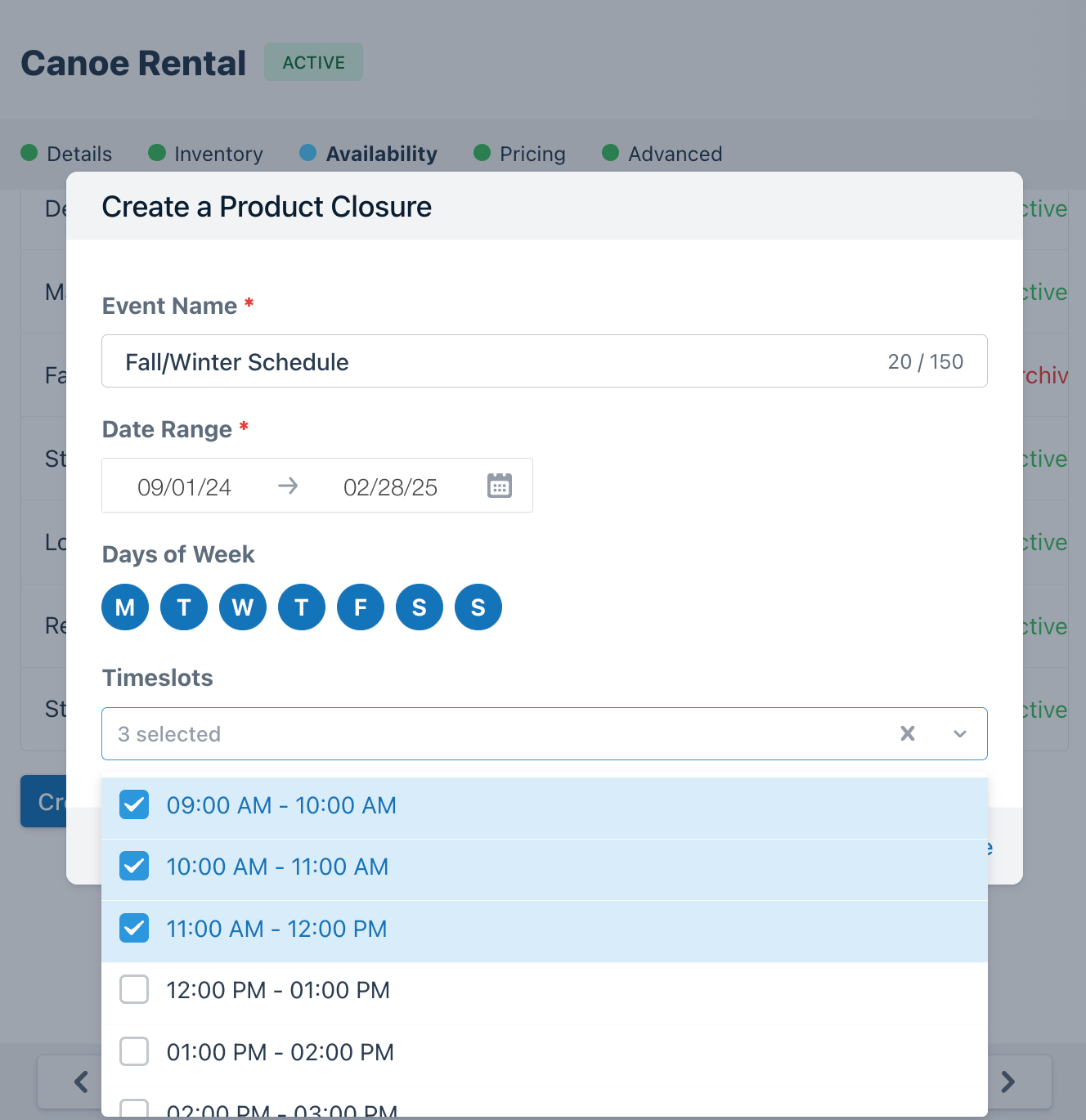 Create product closure popup with Fall/Winter Schedule event name, September 1 2024 to February 28 2025 date range, days of week selected, and timeslots drop-down expanded with some times checked.