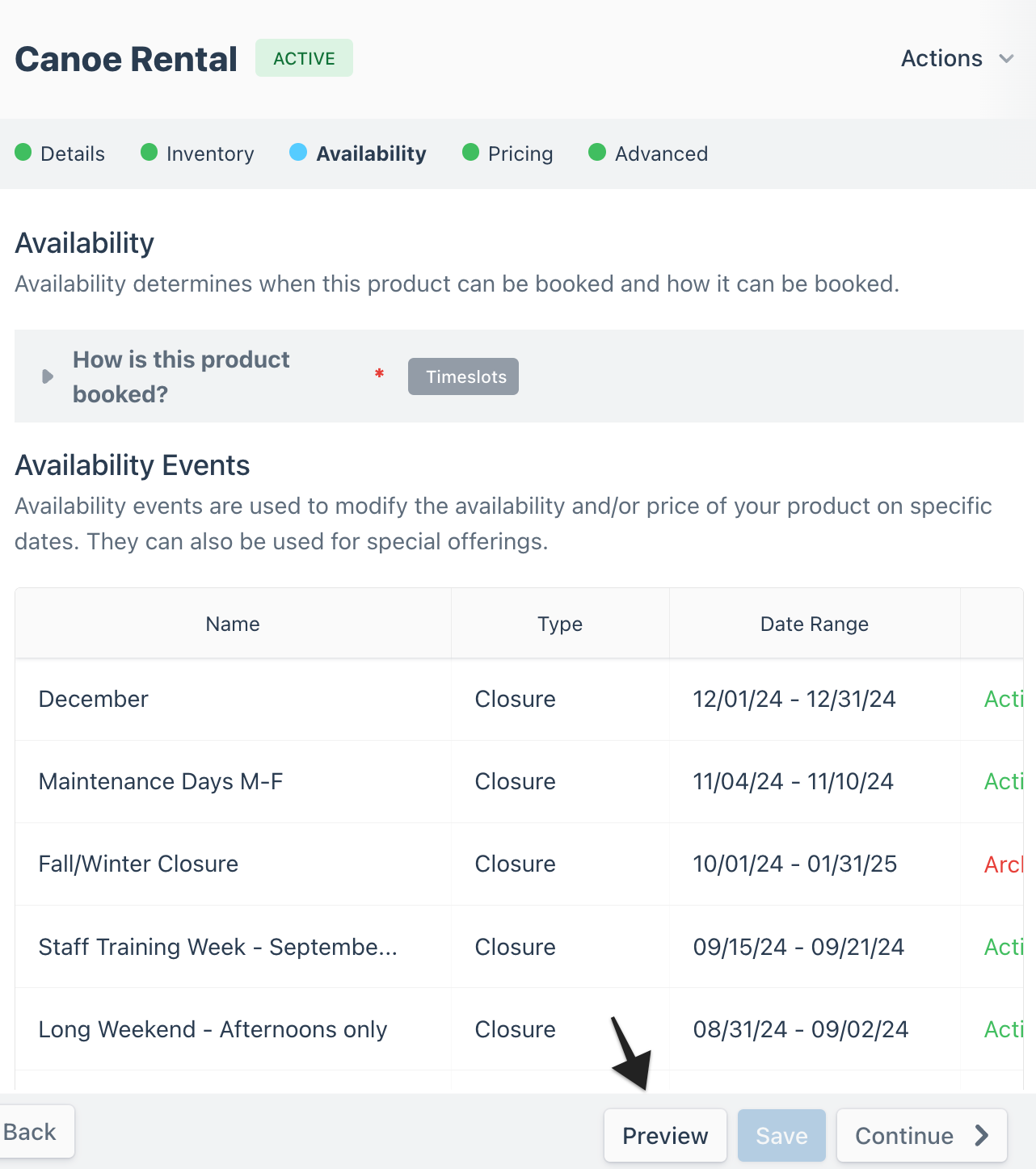Active Canoe Rental availability tab showing closures and preview option highlighted.