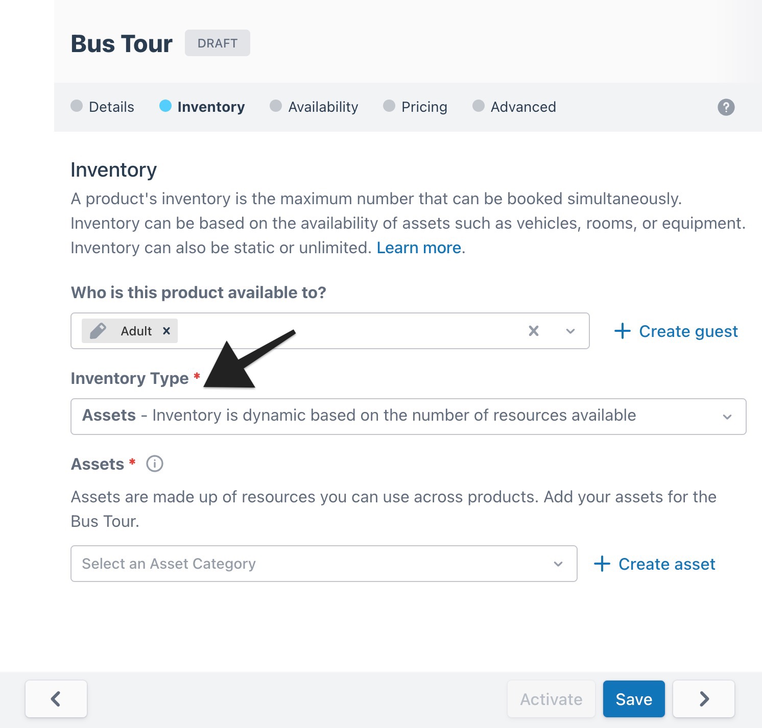 Configured ‘Bus Tour’ product page with an arrow highlighting the ‘Inventory Type’ drop-down menu in the Inventory tab.