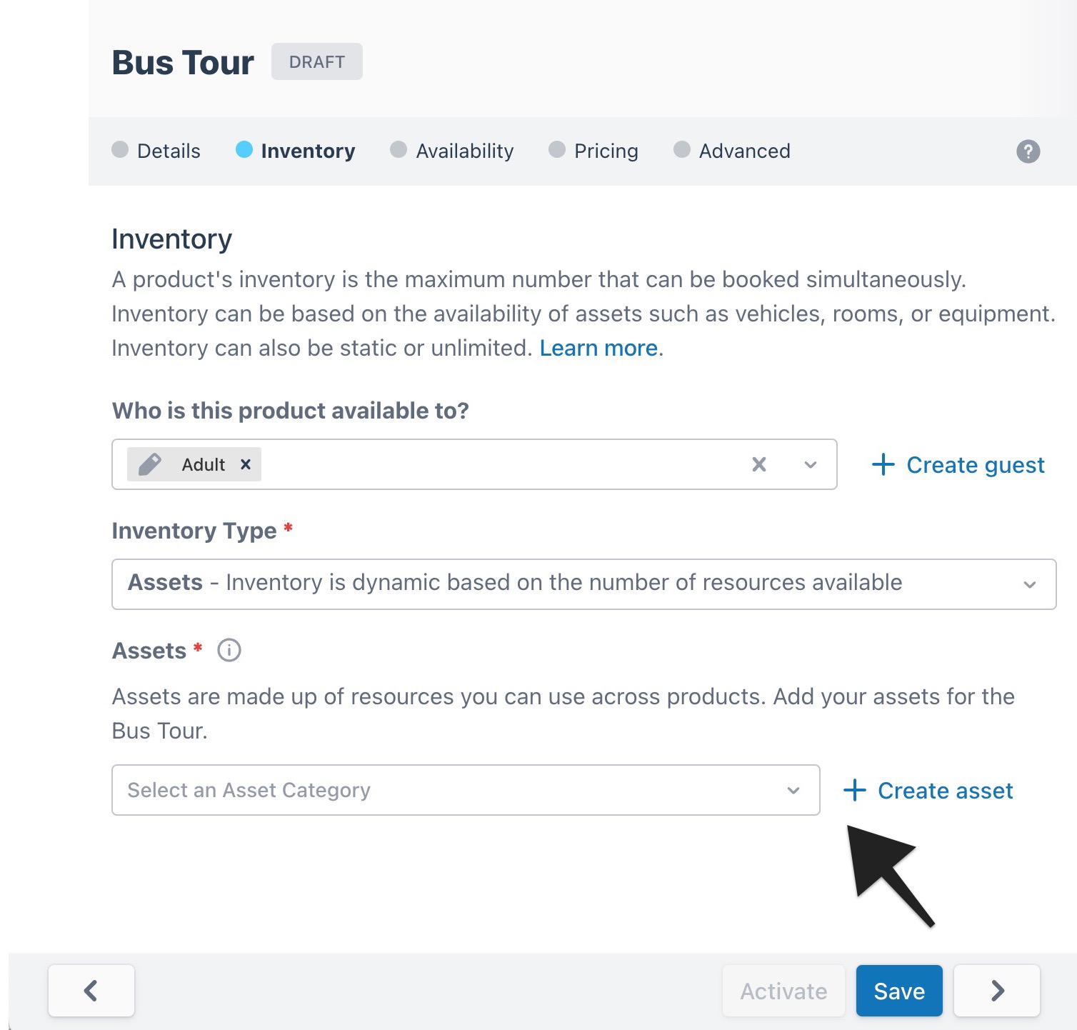 Configured ‘Bus Tour’ product page with an arrow highlighting the ‘Create Asset’ button in the Inventory tab to indicate selection.