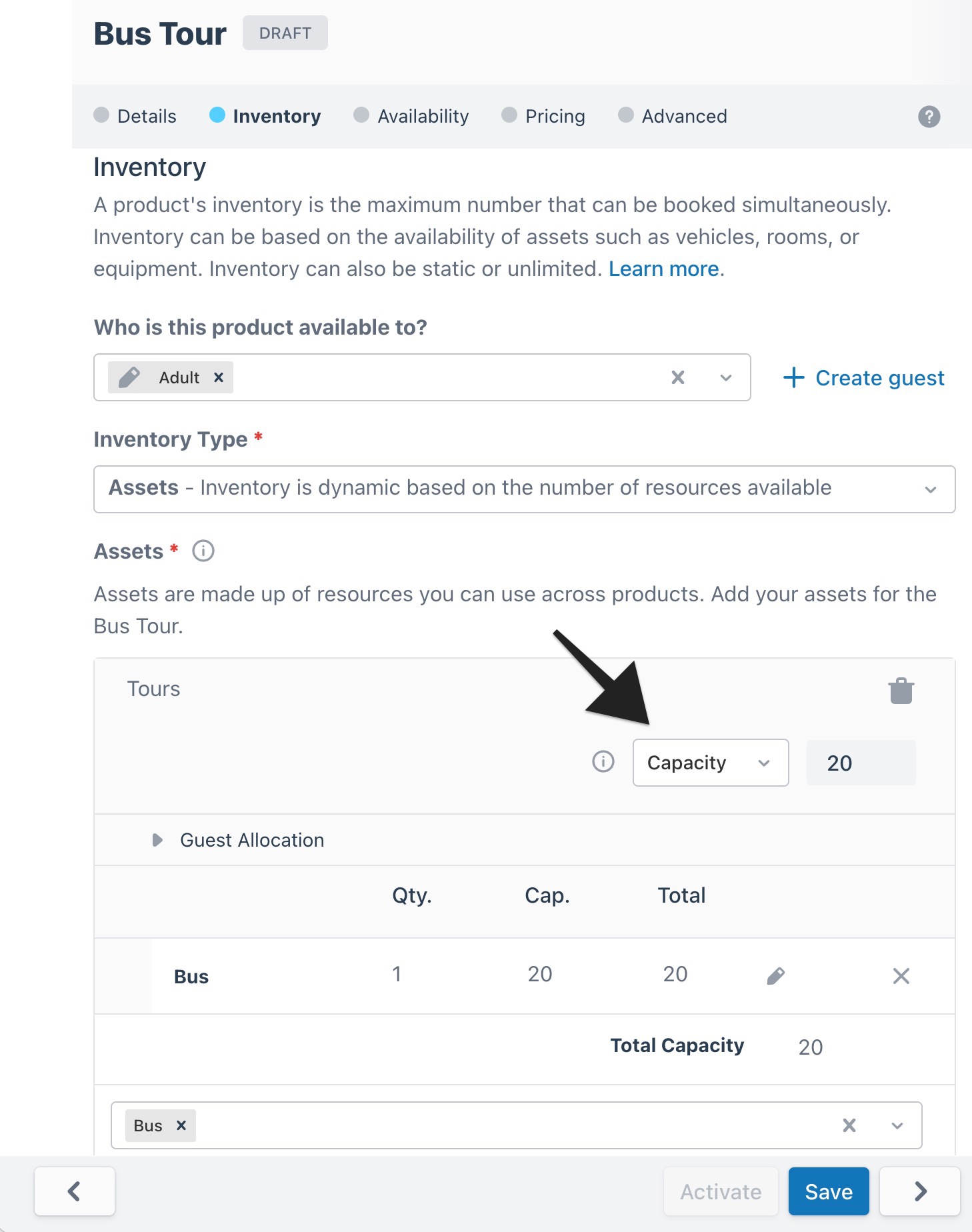 Configured ‘Bus Tour’ product page with an arrow highlighting the ‘Capacity’ asset option in the Inventory tab to indicate selection.