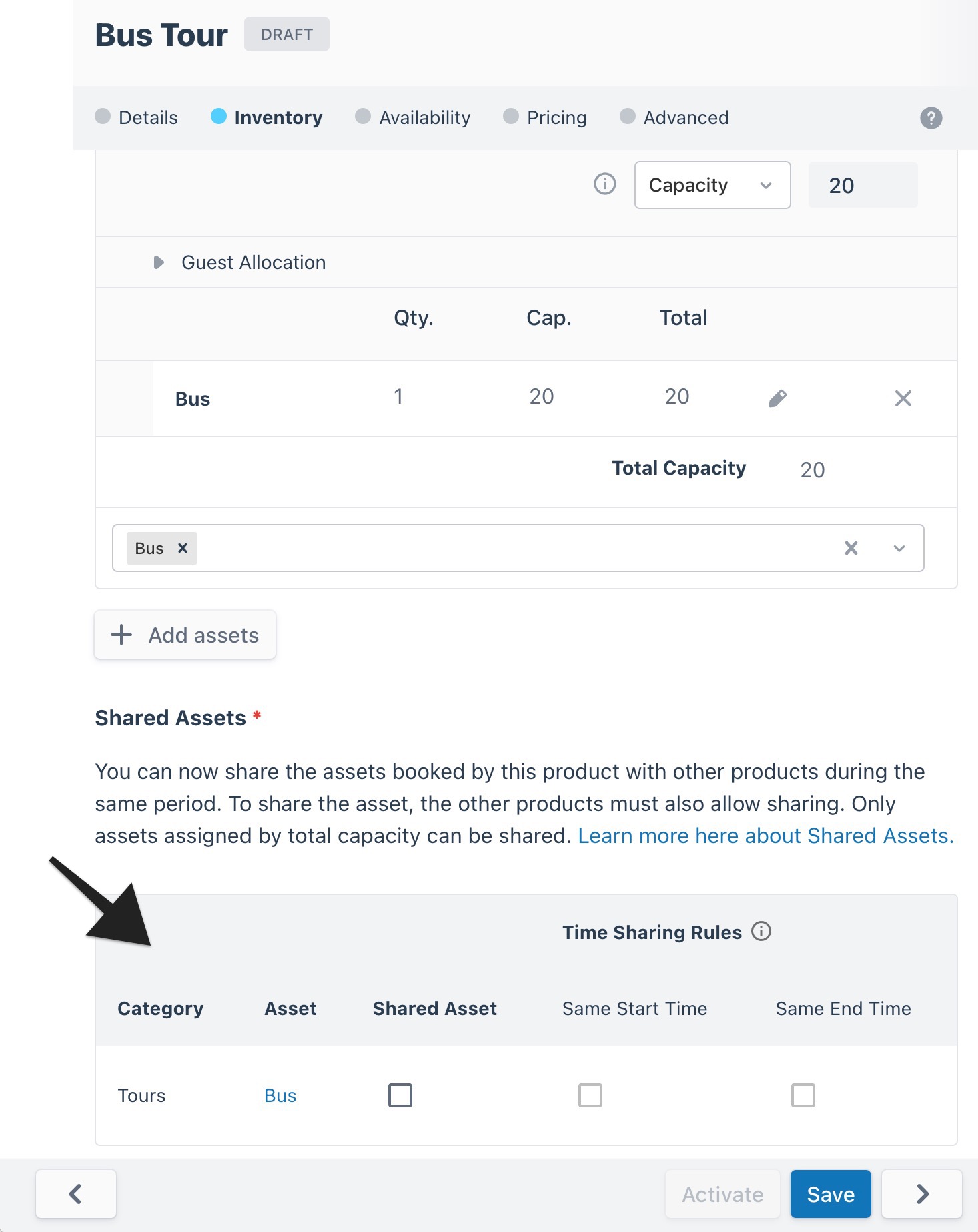 Configured ‘Bus Tour’ product page with an arrow highlighting the shared assets table in the Inventory tab.