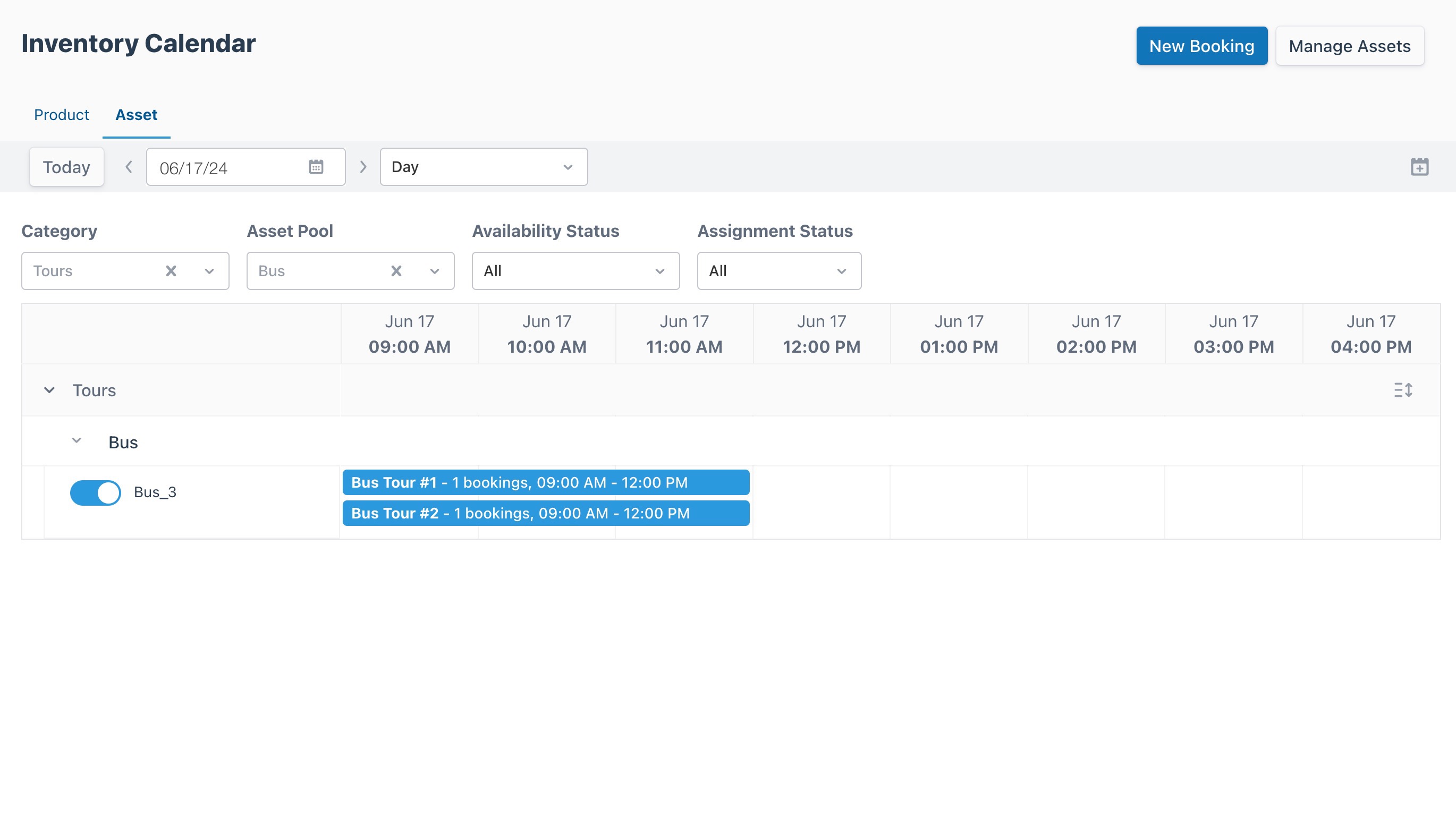 Inventory Calendar page displaying an overview with a listing of two shared assets.