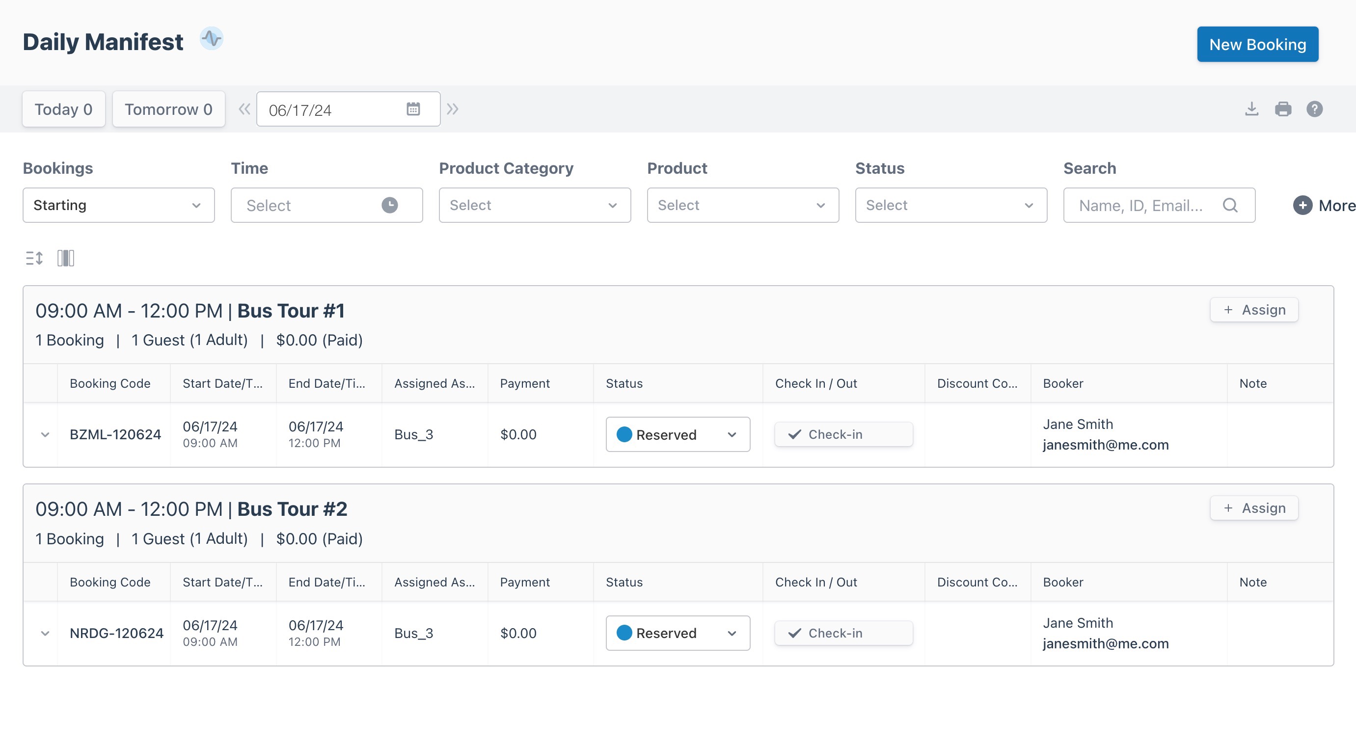 Daily manifest view displaying an overview of two active product bookings.