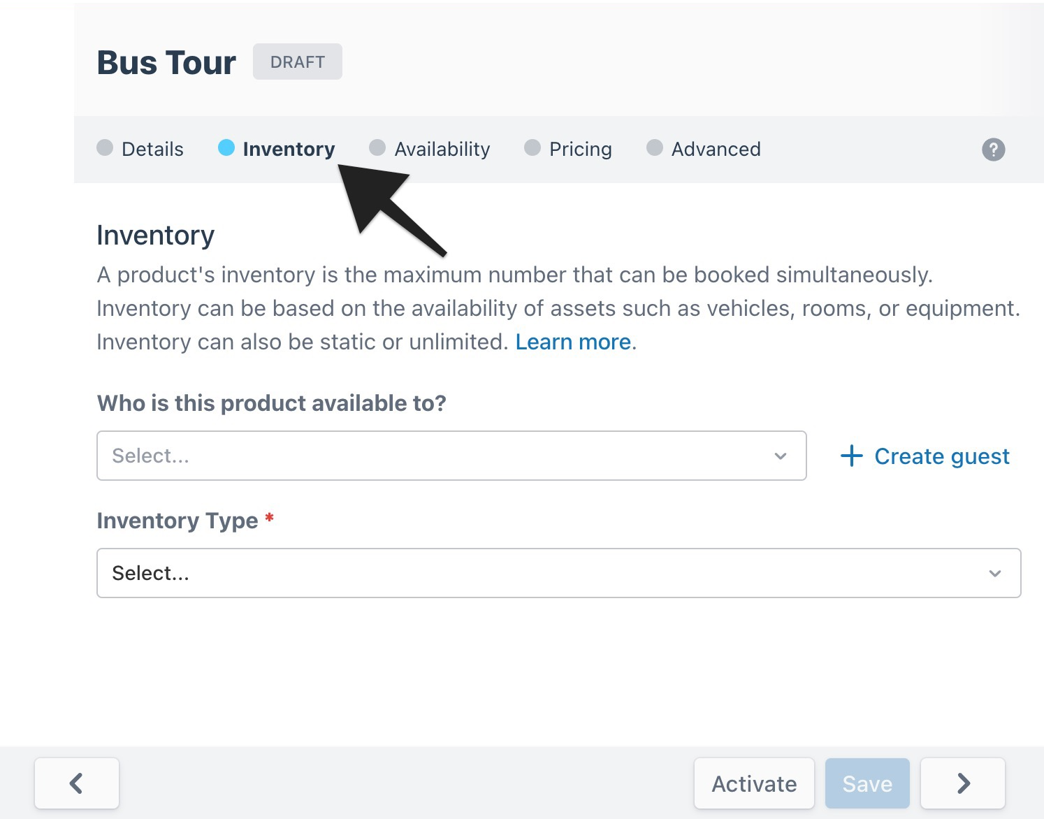Configured ‘Bus Tour’ product page with an arrow highlighting the ‘Inventory’ tab to indicate selection.