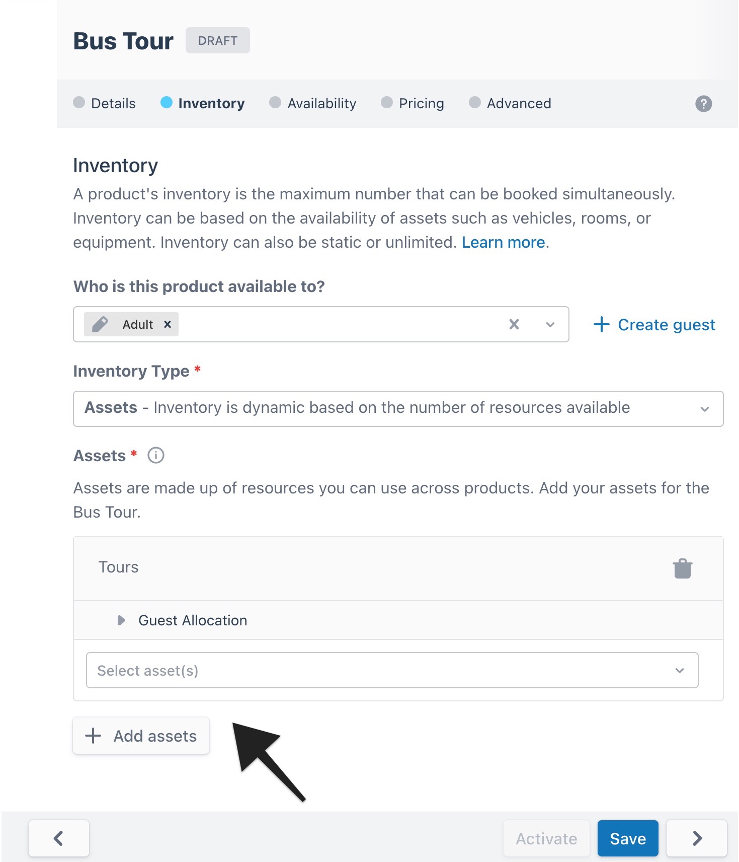 Configured ‘Bus Tour’ product page with an arrow highlighting the ‘Select Assets’ drop-down menu in the Inventory tab.
