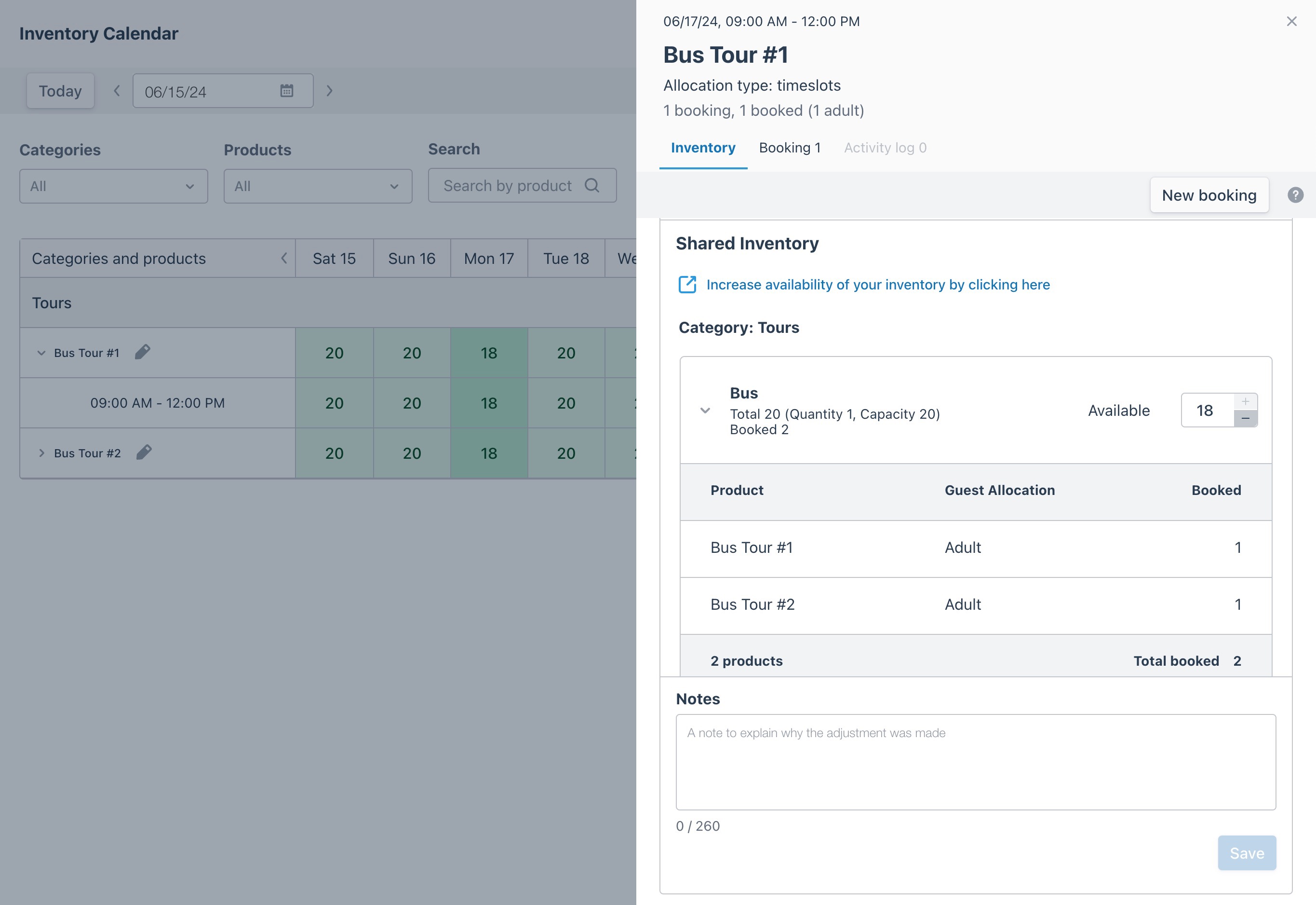 Open drawer in the Inventory Calendar view displaying a list of shared assets for a selected category.