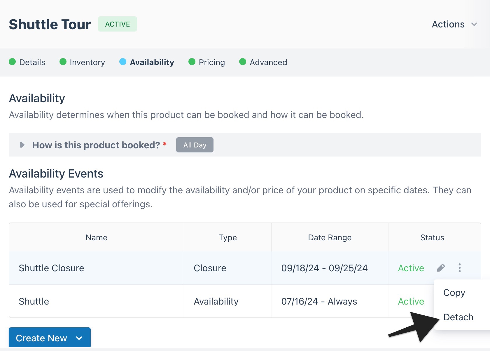 Availability events menu for Shuttle Closure with option to copy or detach.