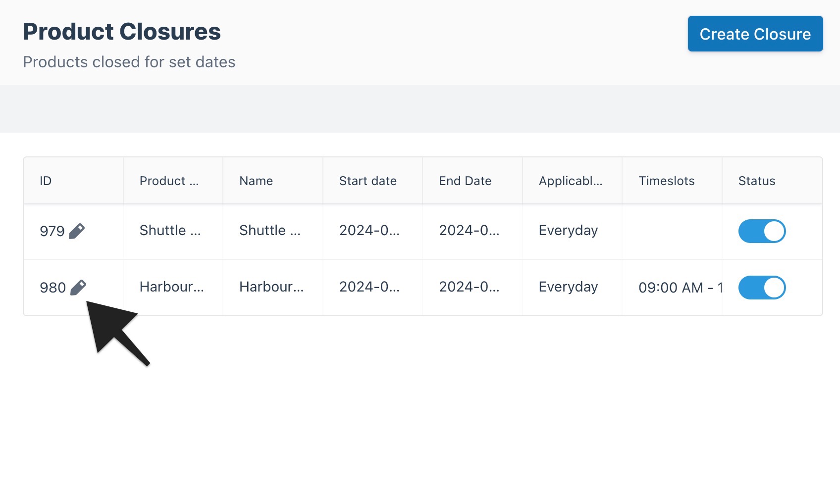 Product Closures list with arrow pointing to the edit icon for the Harbour Group Tour closure (ID 980).