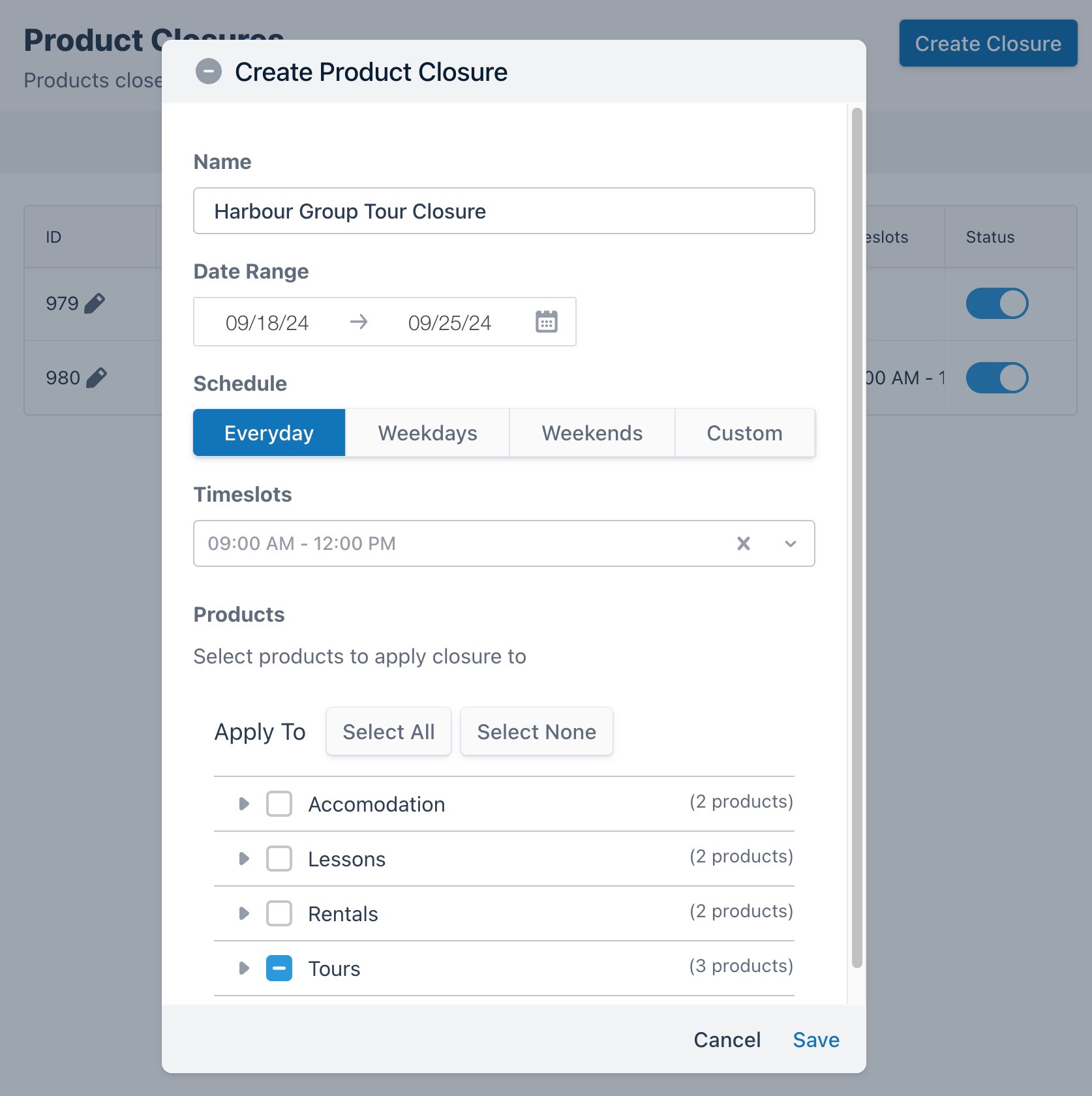 Create Product Closure window for Harbour Group Tour Closure showing date range, schedule tabs (Everyday, Weekdays, Weekends, Custom), timeslots dropdown, and products Apply To list.