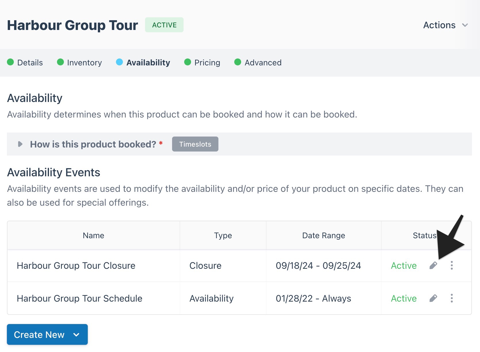 Harbour Group Tour availability settings page with arrow pointing to the edit icon in the Status column for a closure event.