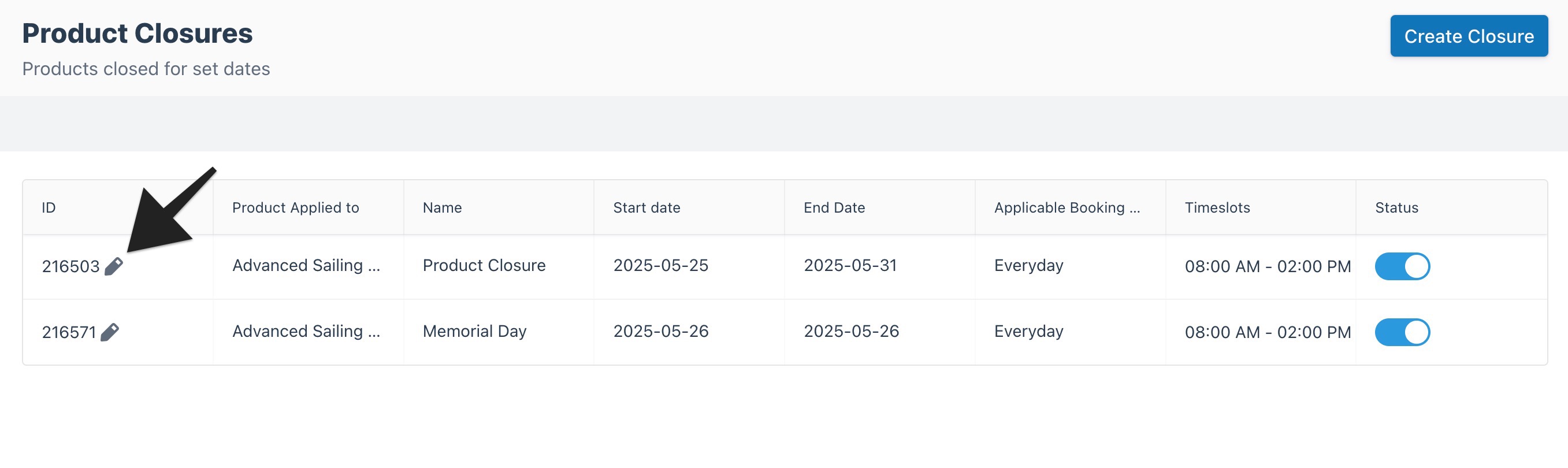 Product closure index page with arrow pointing to a product closure ‘Edit’ button.