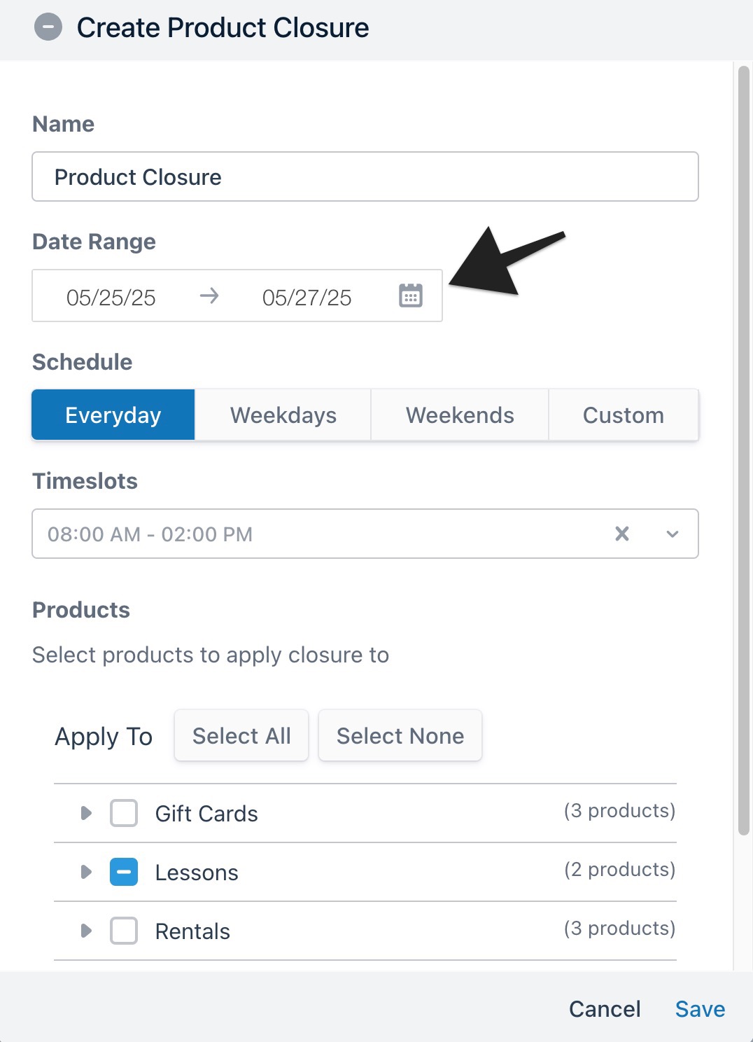Create product closure window with arrow pointing to editing the date range.