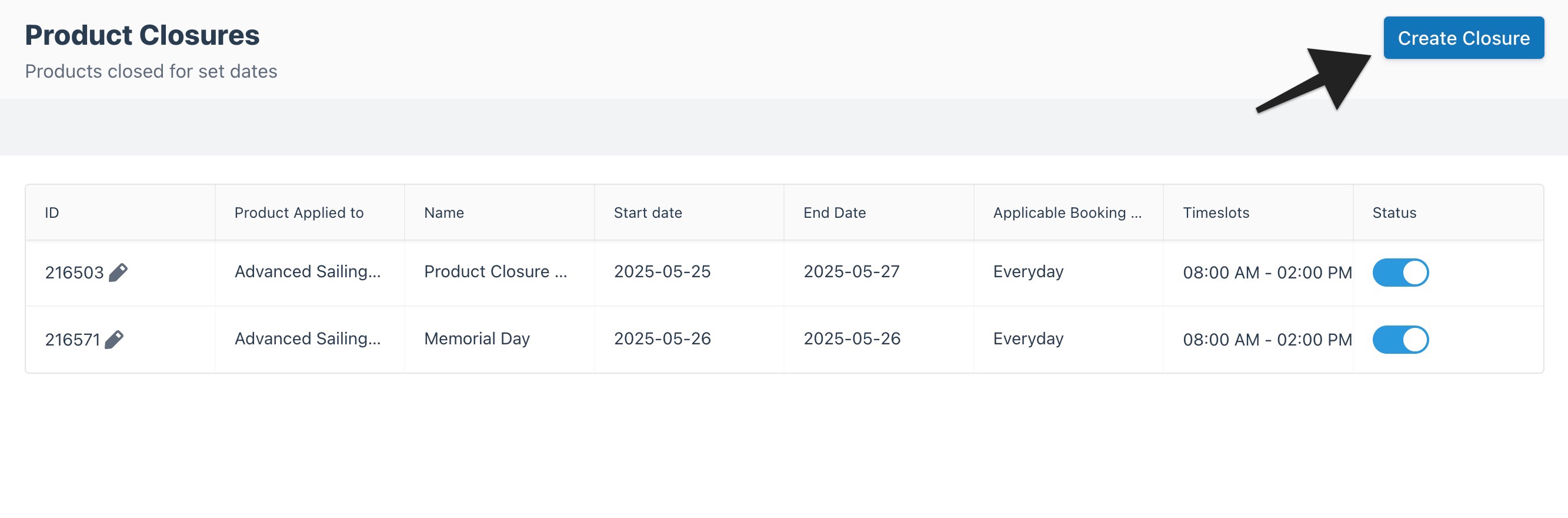 Product closure index page with arrow pointing to ‘Create Closure’ button.