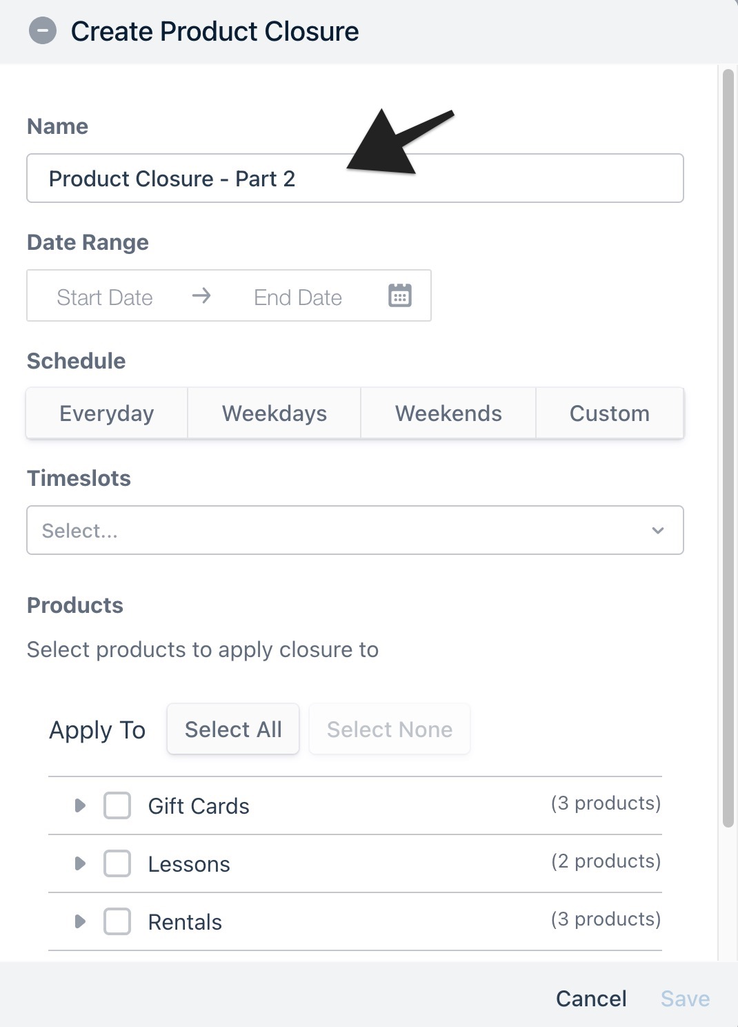 Create product closure window with arrow pointing to creating an event name.