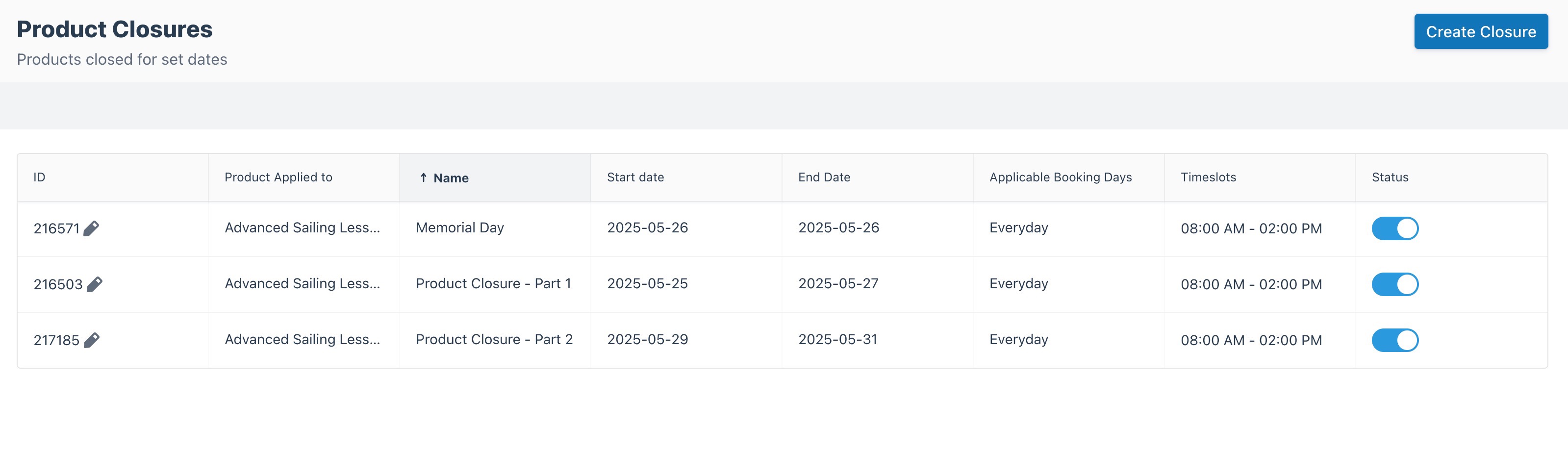 Product closure index page showing existing closure events.