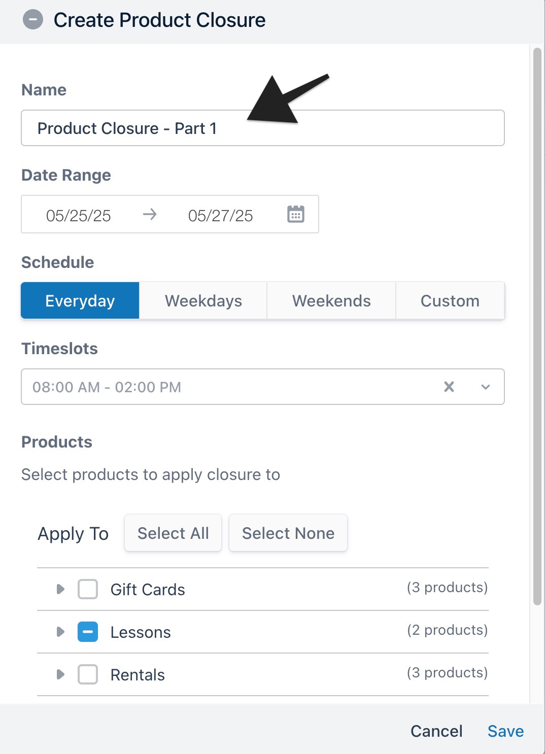 Create product closure window with arrow pointing to editing the event name.