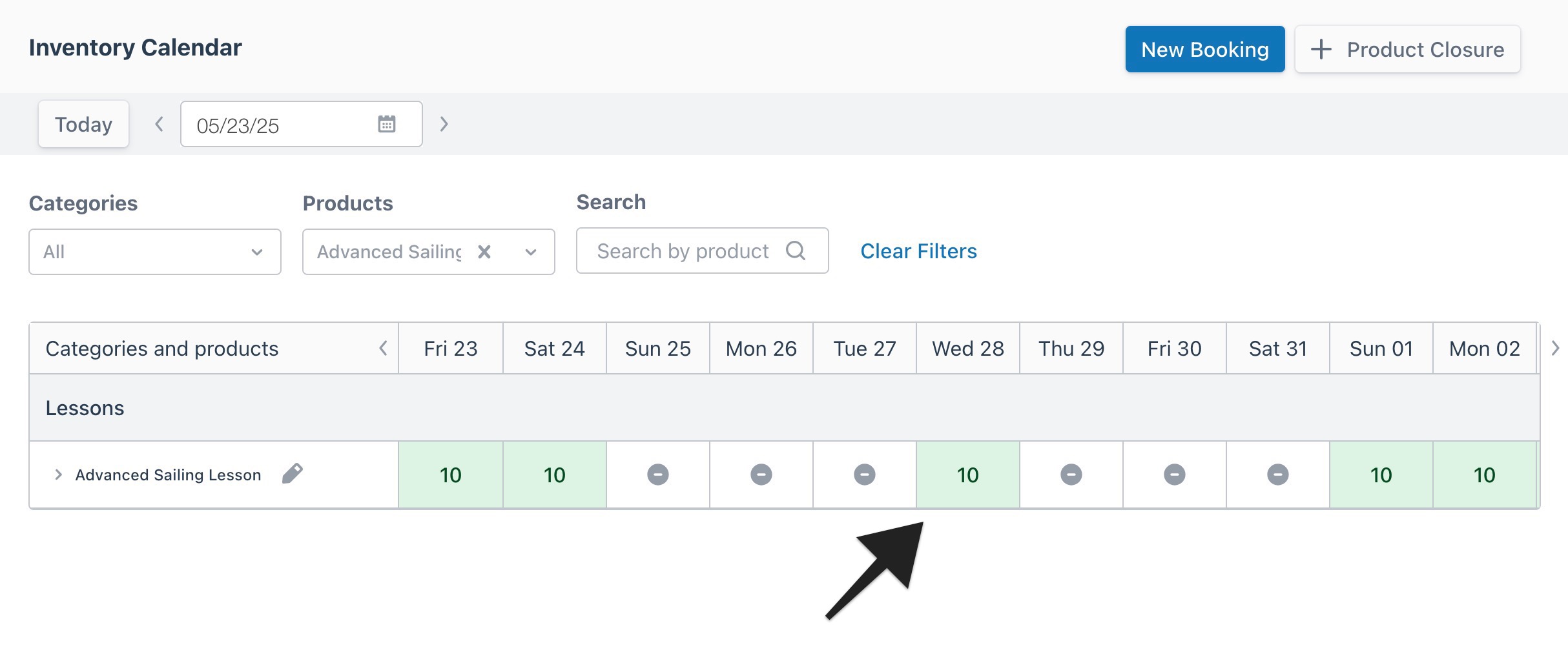 Inventory calendar page with arrow pointing to an available date between closure events.
