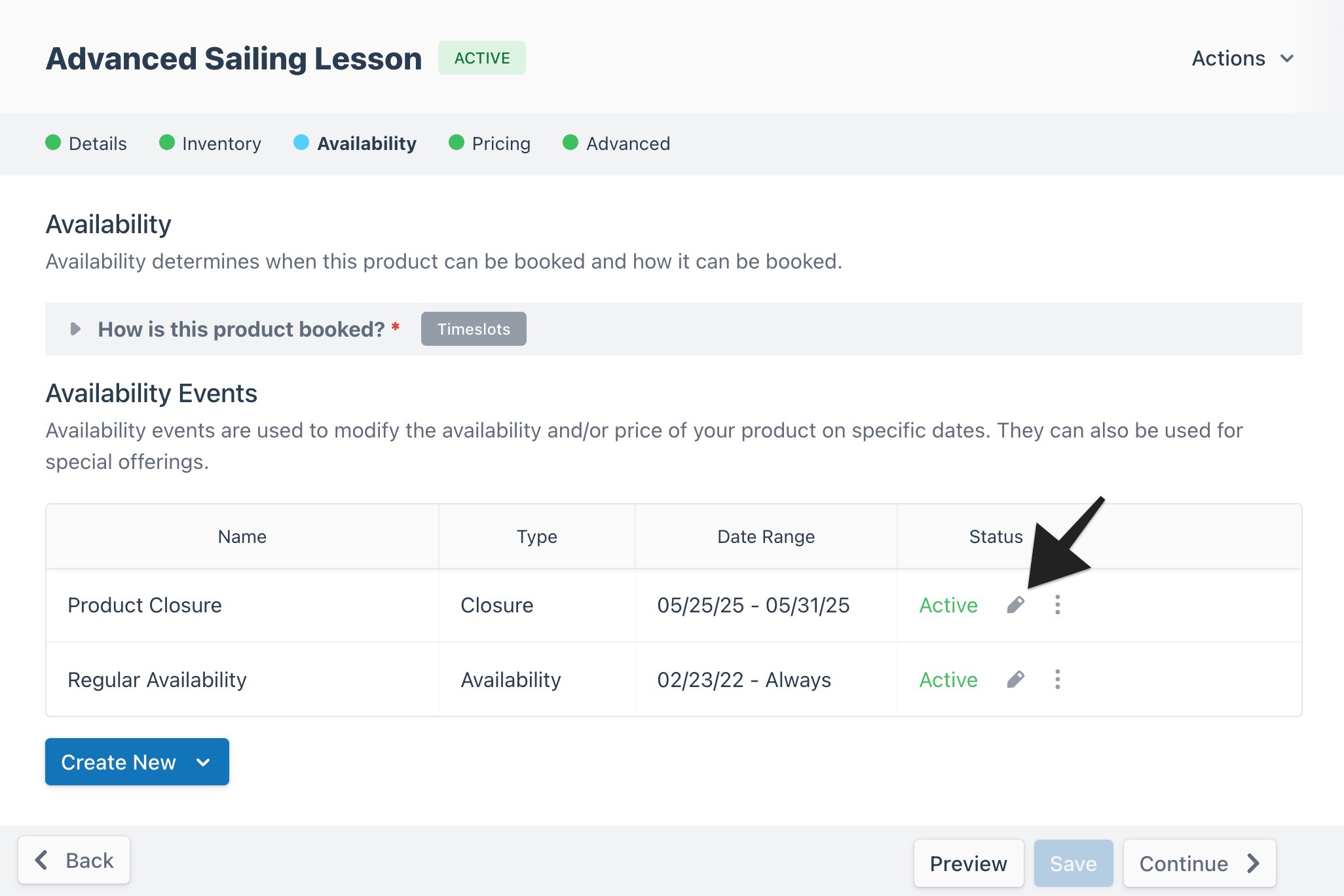 Product builder availability page with arrow pointing to a product closure ‘Edit’ button.