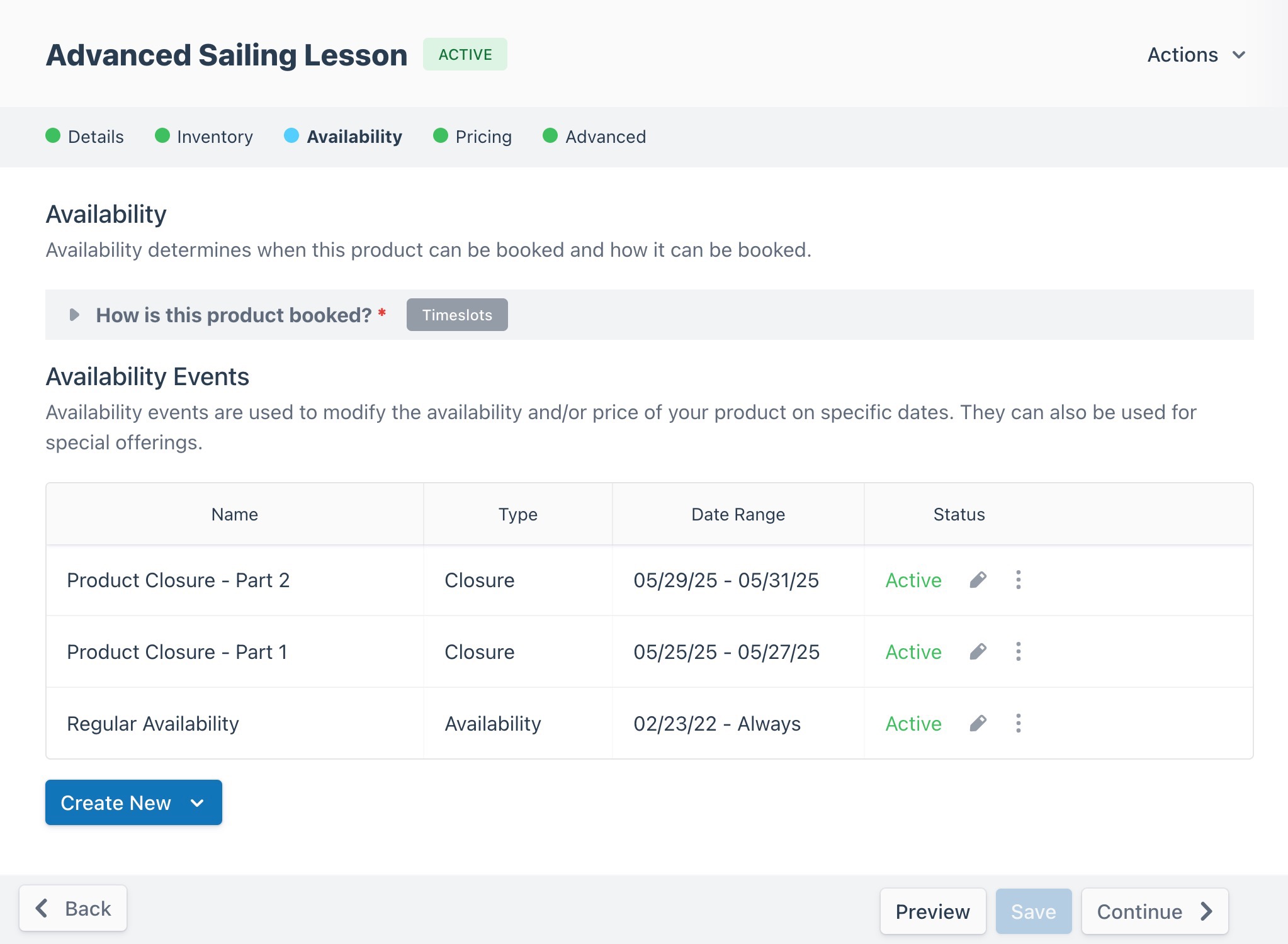 Product builder availability page showing existing availability events.