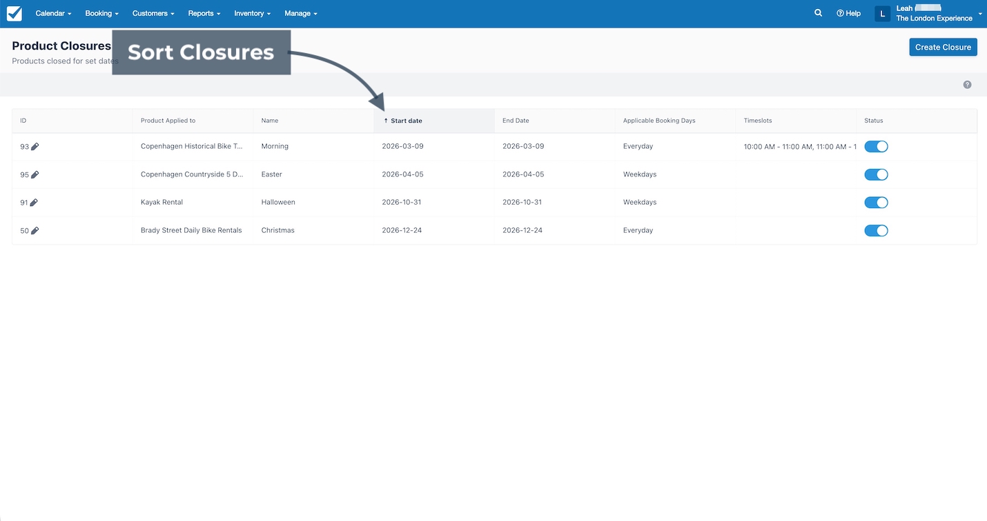 Product Closures page highlighting Start date column used to sort closures by date.