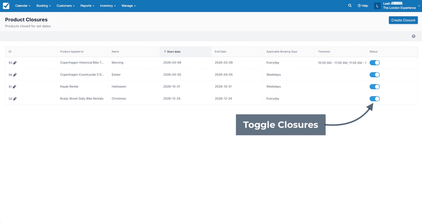 Product Closures page showing Status toggle used to enable or disable closures.
