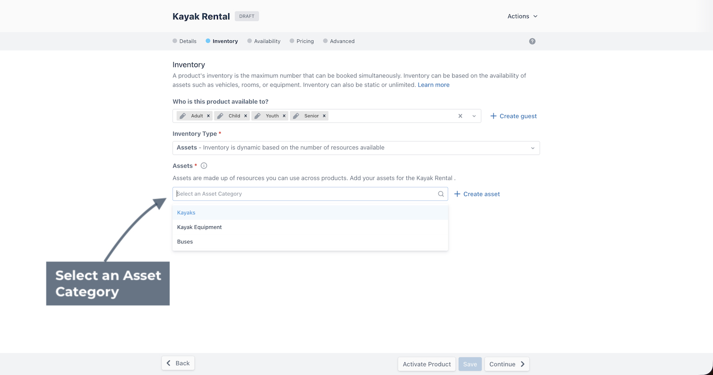 Kayak Rental Inventory page with open drop-down menu to select an existing asset category .