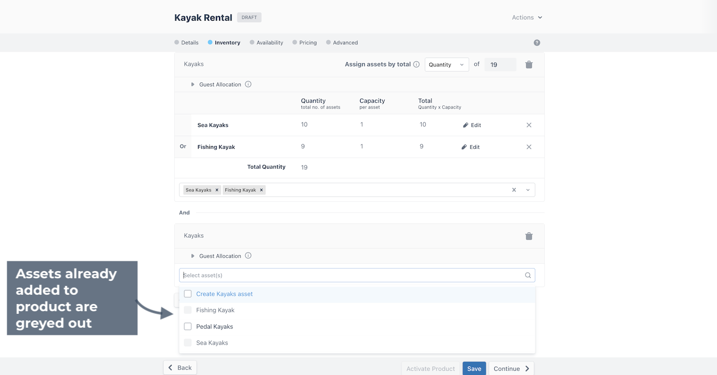 Inventory settings for Kayak Rental showing that you can't add the same assets twice as the option is greyed out.