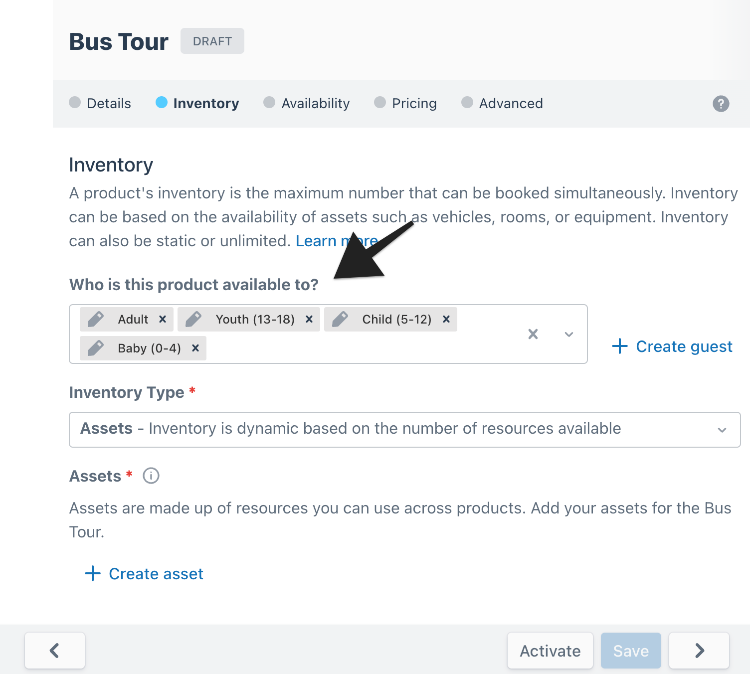 Bus Tour inventory settings showing guest categories (Adult, Youth, Child, Baby) under ‘Who is this product available to?’ section.