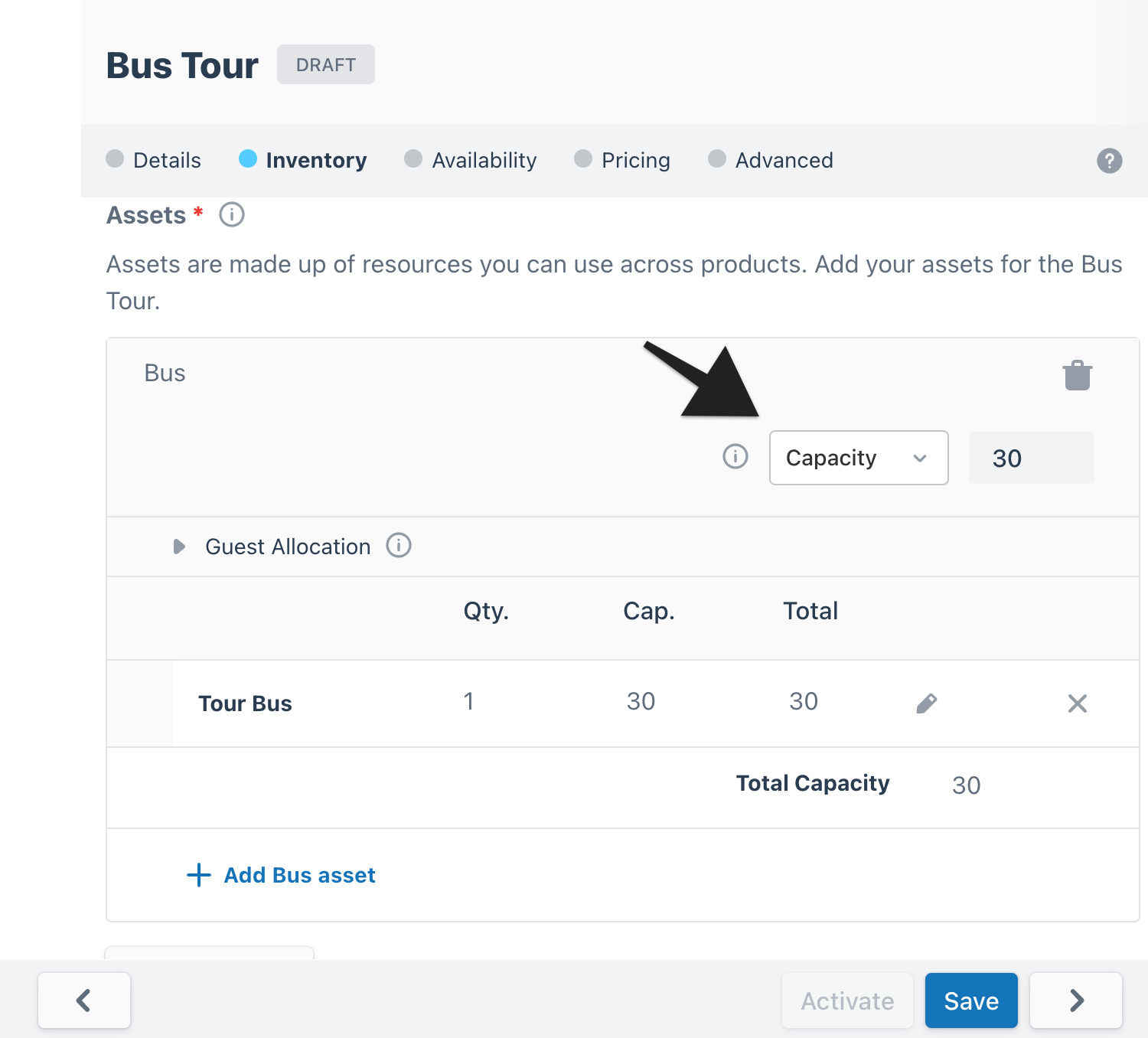 Bus Tour inventory setup showing bus asset capacity set to 30 seats.