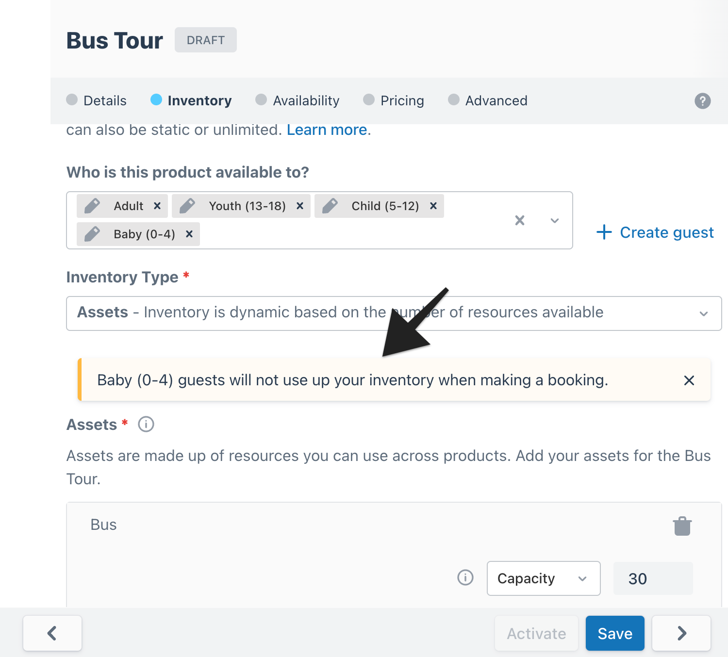 Inventory screen showing highlighted message that Baby (0-4) guests do not use up inventory.