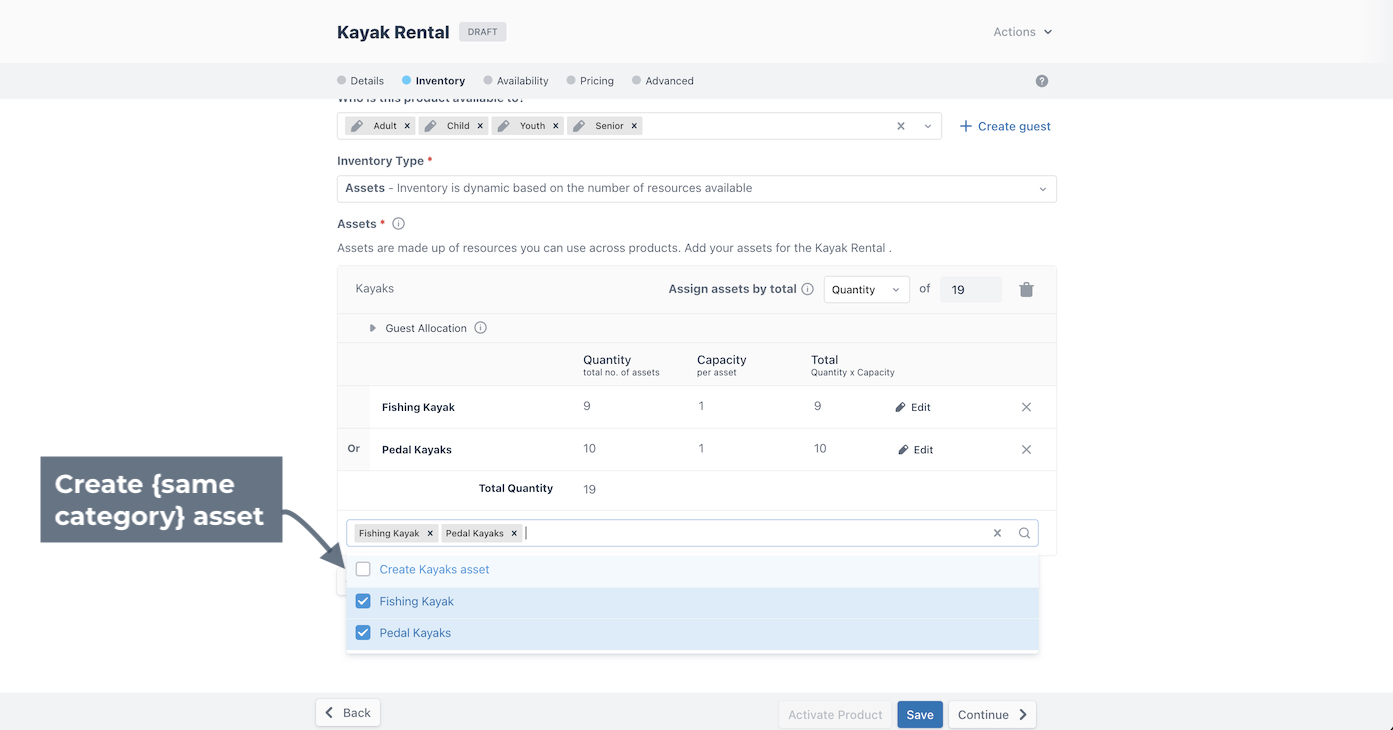 Inventory tab of product builder with annotation pointing to option to create and asset from the same category to add to your product.
