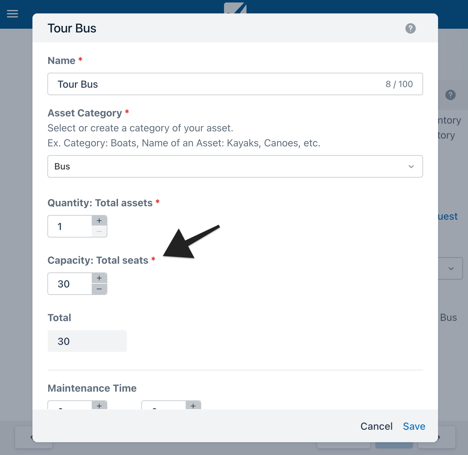 Create asset modal for Tour Bus with fields for quantity, capacity, and maintenance time.