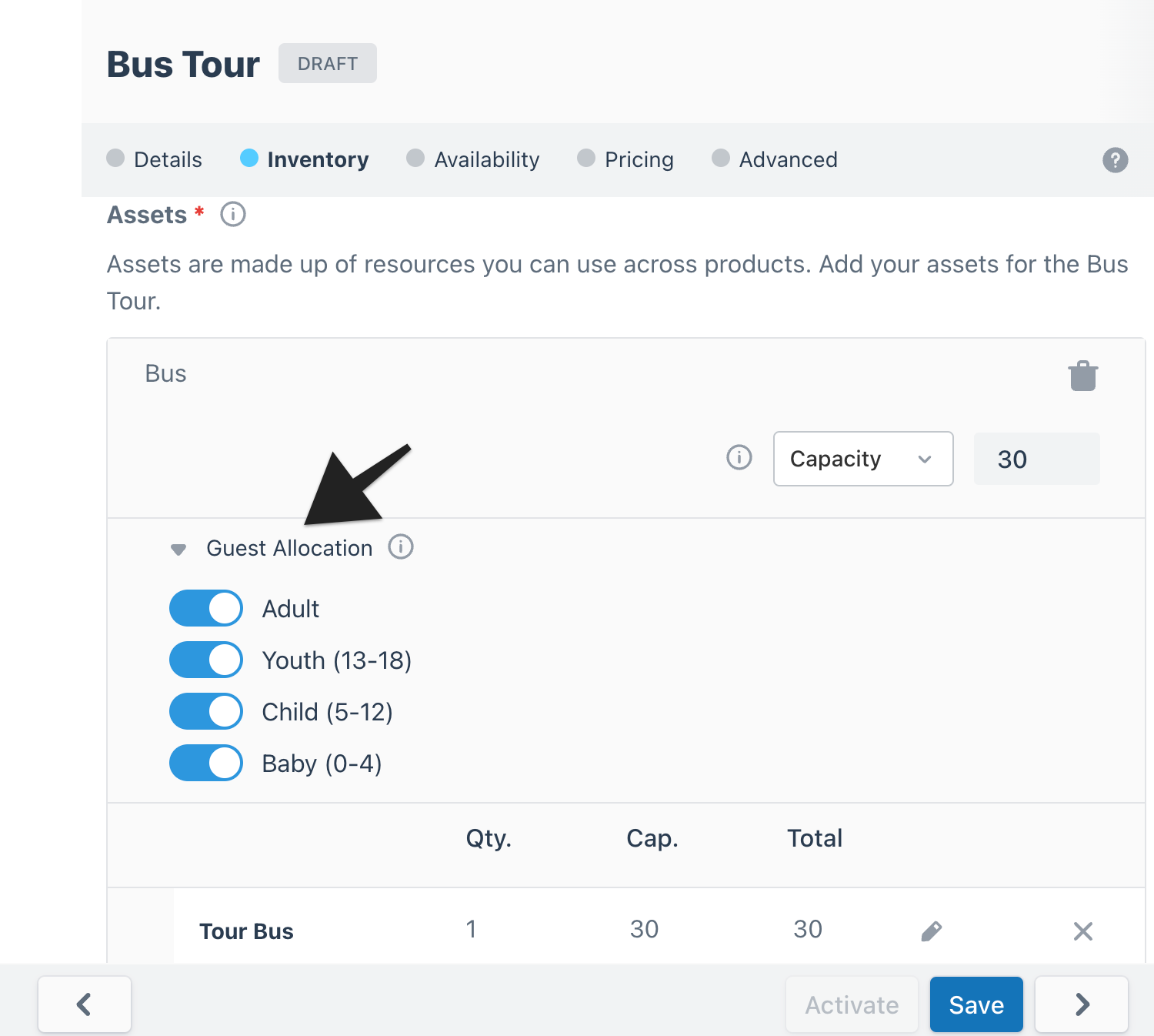 Bus Tour asset setup highlighting Guest Allocation section with toggles for age groups: Adult, Youth, Child, and Baby.