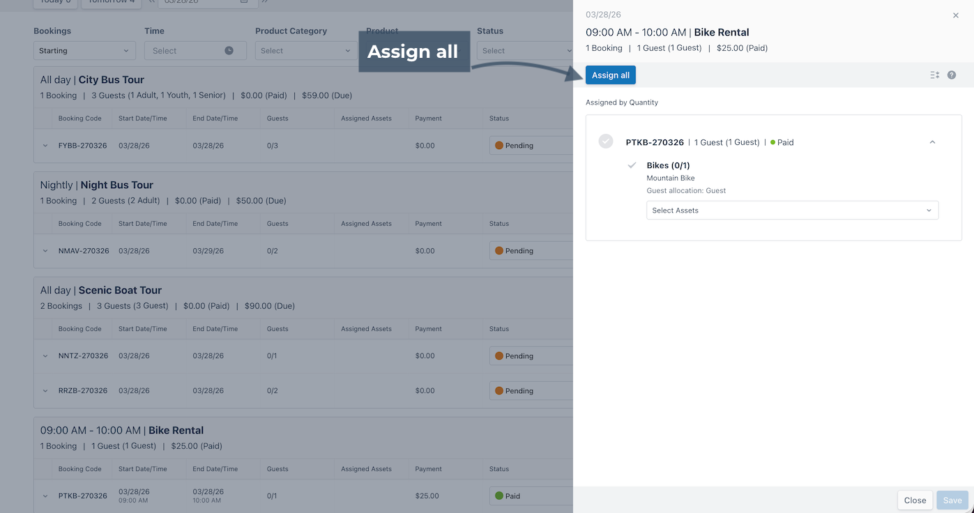 Daily Manifest showing option to automatically assign all assets for the booking.