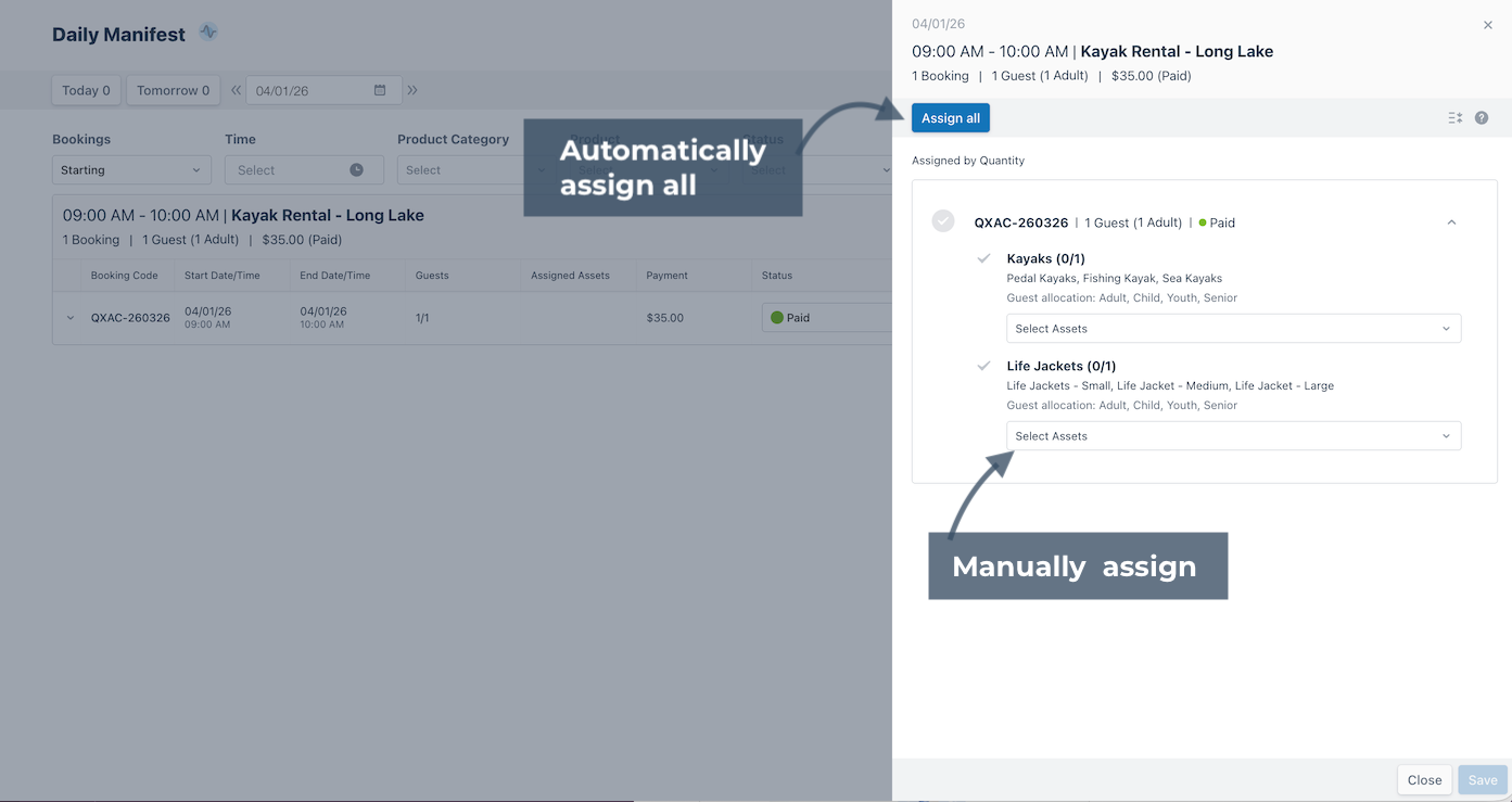 Daily Manifest with annotation pointing to options to automatically or manually assign assets 