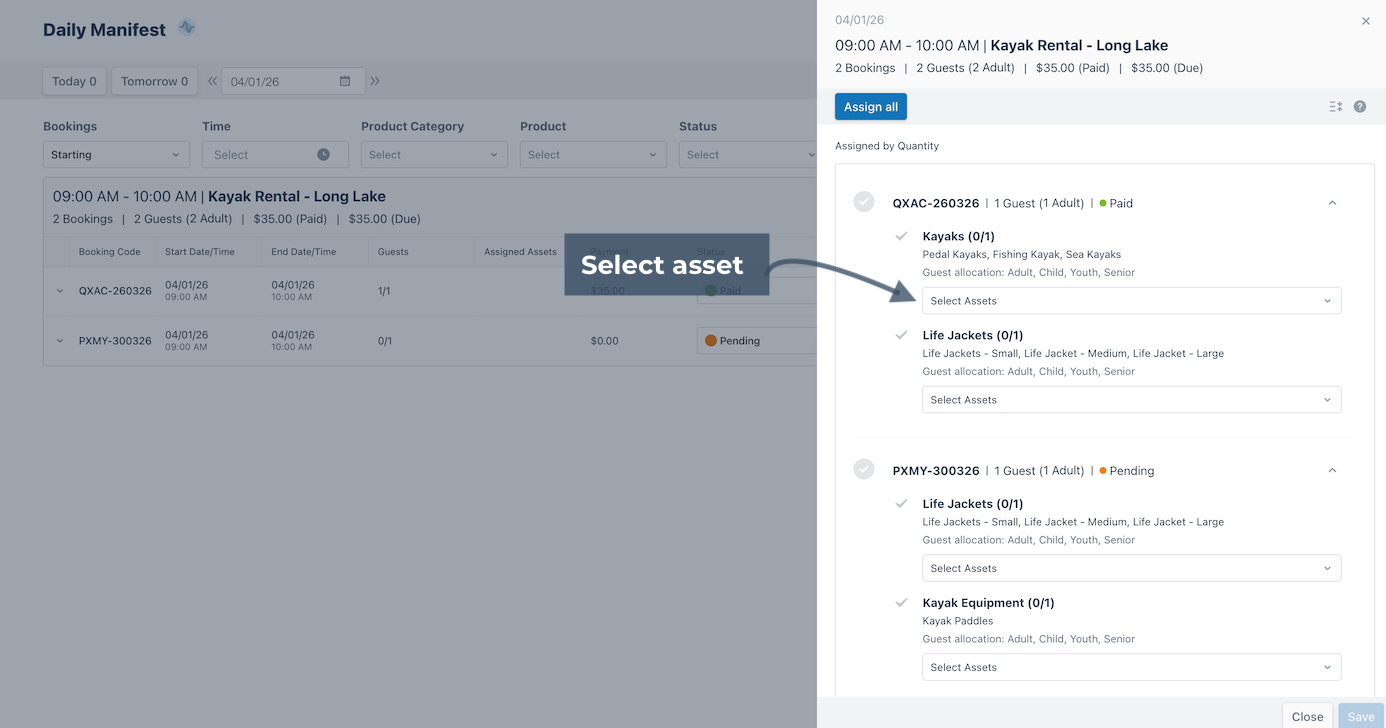 Daily manifest with annotation pointing to option to select private assets for manual assignment.