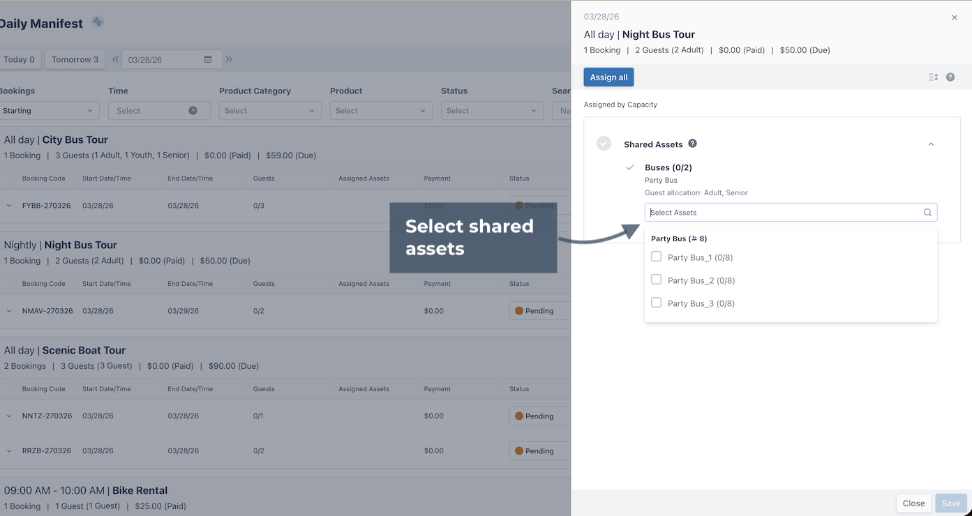 Daily manifest with annotation pointing to option to select shared assets for manual assignment.