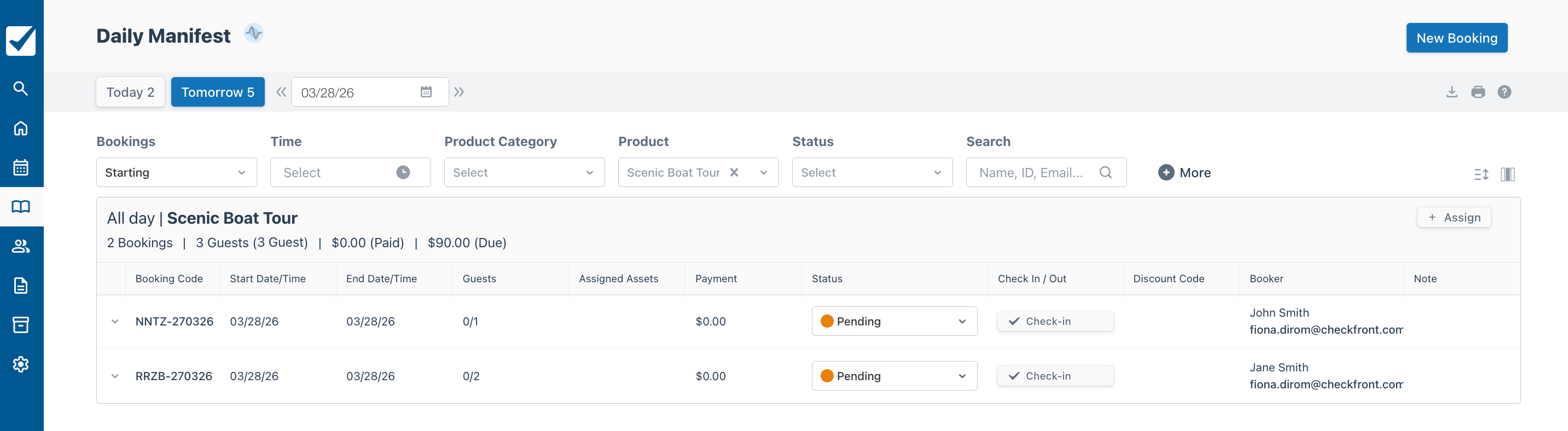 Daily Manifest showing an activity with two bookings.