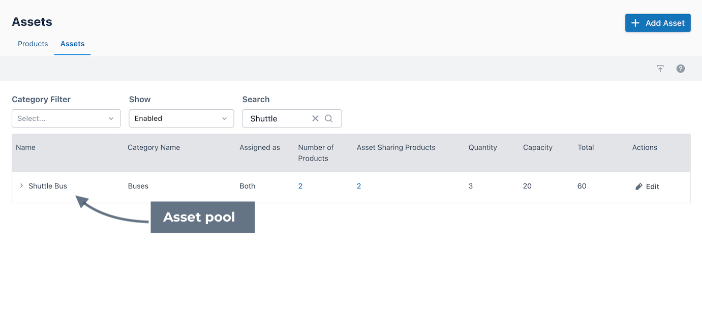 List of assets pointing to data columns for assets table.