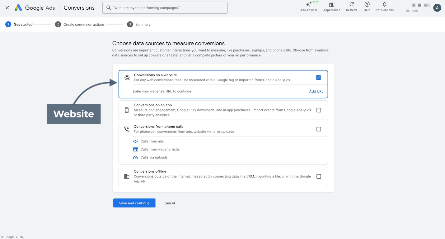 Google Ads new conversion action page selecting Website to track site actions.