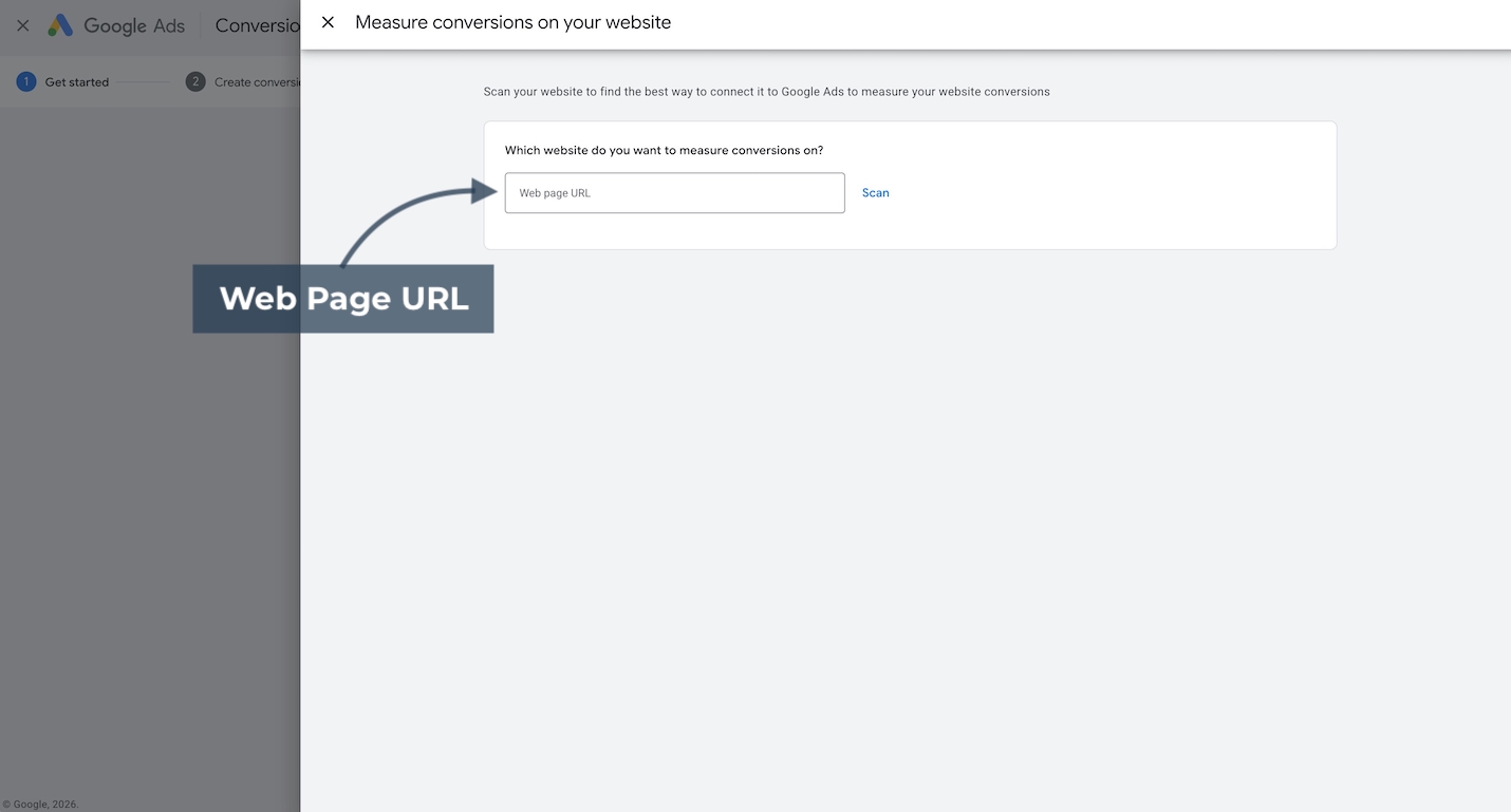 Google Ads new conversion action page prompting entry of a web page URL.