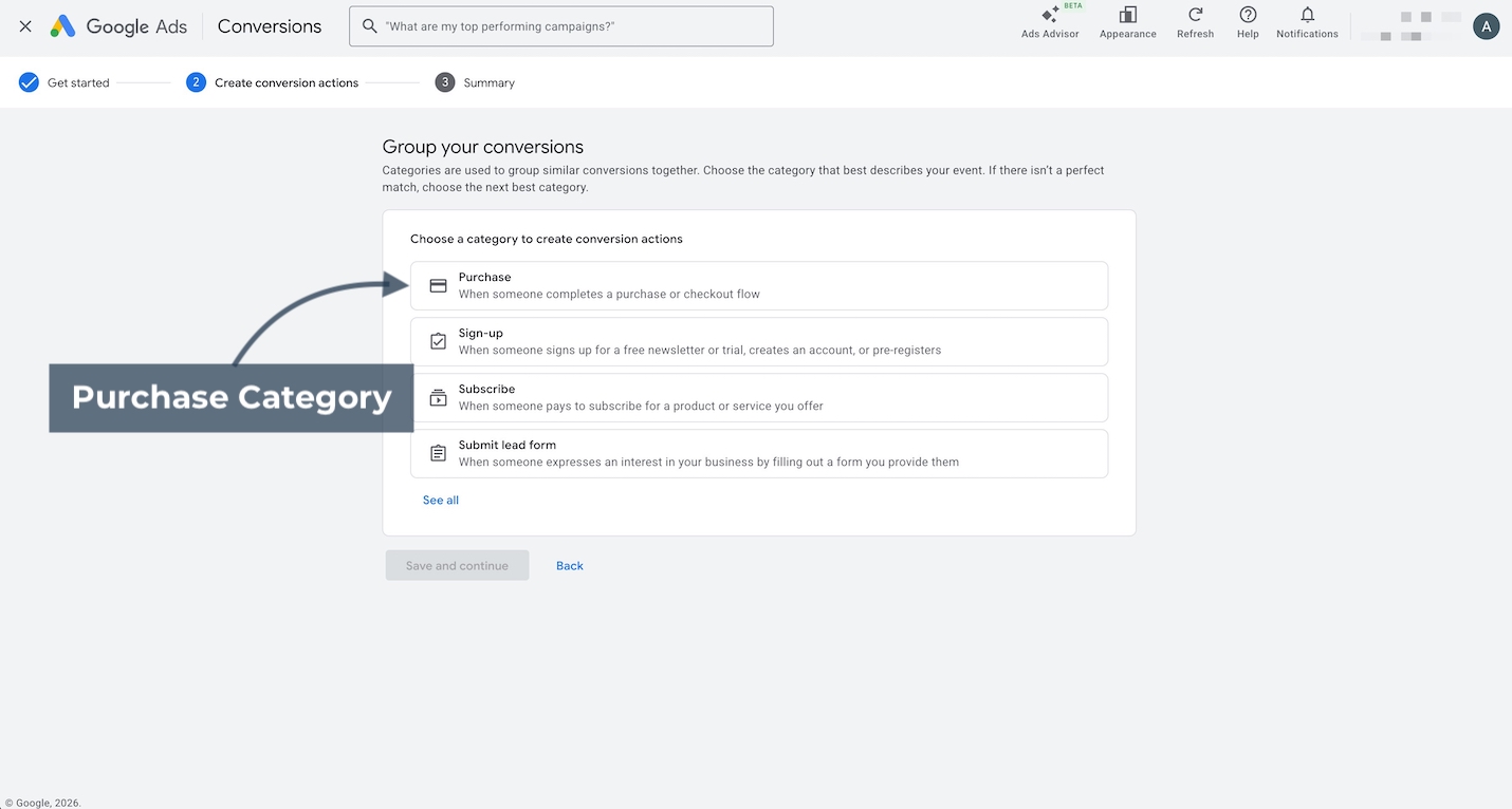 Google Ads conversions setup screen showing Purchase category selected when creating a conversion action.